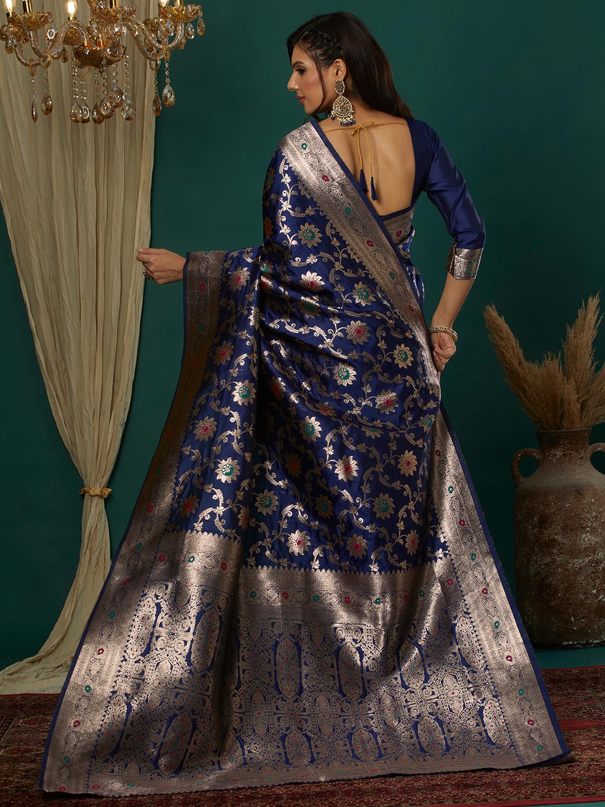 Satrani Women's Silk Blend Weaving Banarasi Saree With Unstitched Blouse Piece (4106S752N_Navy Blue1)