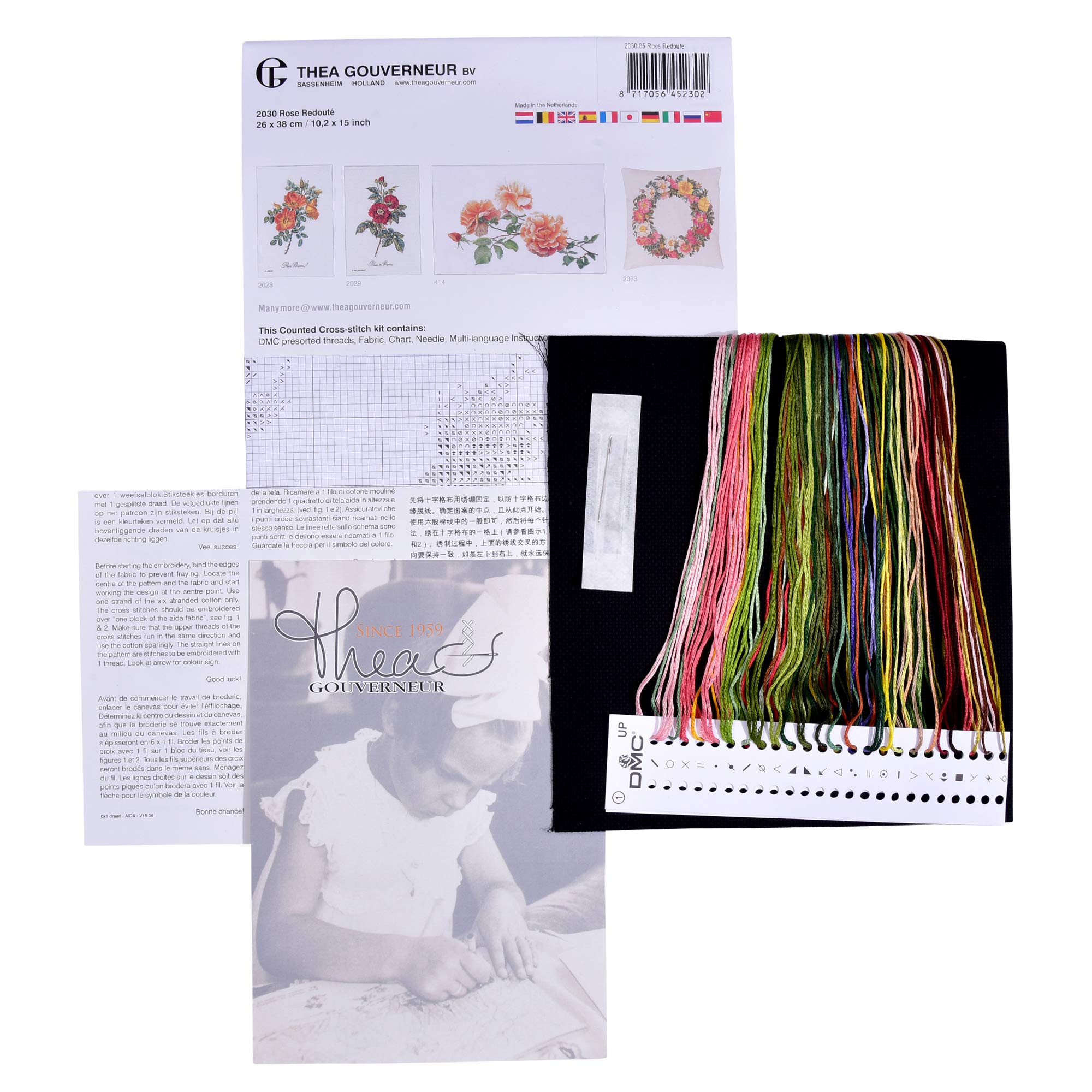 Thea Gouverneur - Borduurpakket met telpatroon - 2030.05 - Voorgesorteerde DMC Garens - Roos Redoute - Zwart Aida - 26 cm x 38 cm - DIY Kit