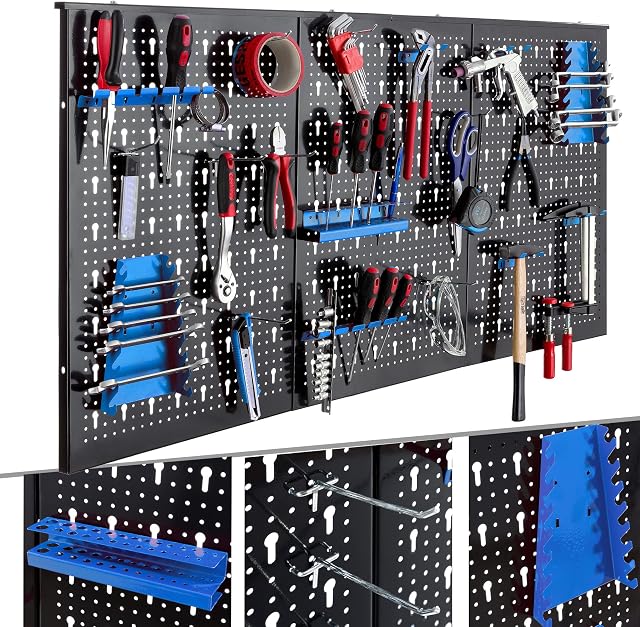Arebos Trzyczęściowa ścianka narzędziowa | 17-częściowy zestaw haczyków | 120 x 60 x 2 cm | ścianka perforowana z metalu + uchwyty + materiały montażowe