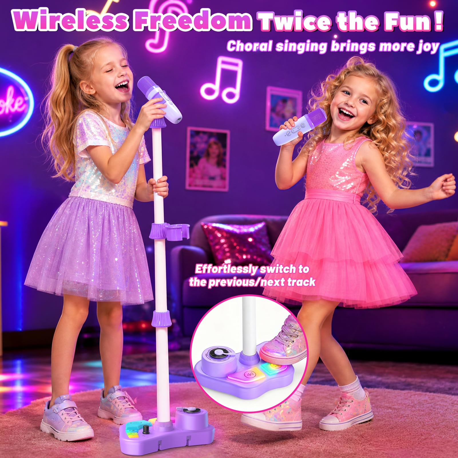 Wiederaufladbare Karaoke-Maschine, Spielzeug für Kinder, mit 2 kabellosen Mikrofonen, Weihnachts-Mikrofon, Geschenke für 3, 4, 5, 6, 7, 8 Jahre alte Mädchen, Enkelkinder, Bluetooth-Lautsprecher mit