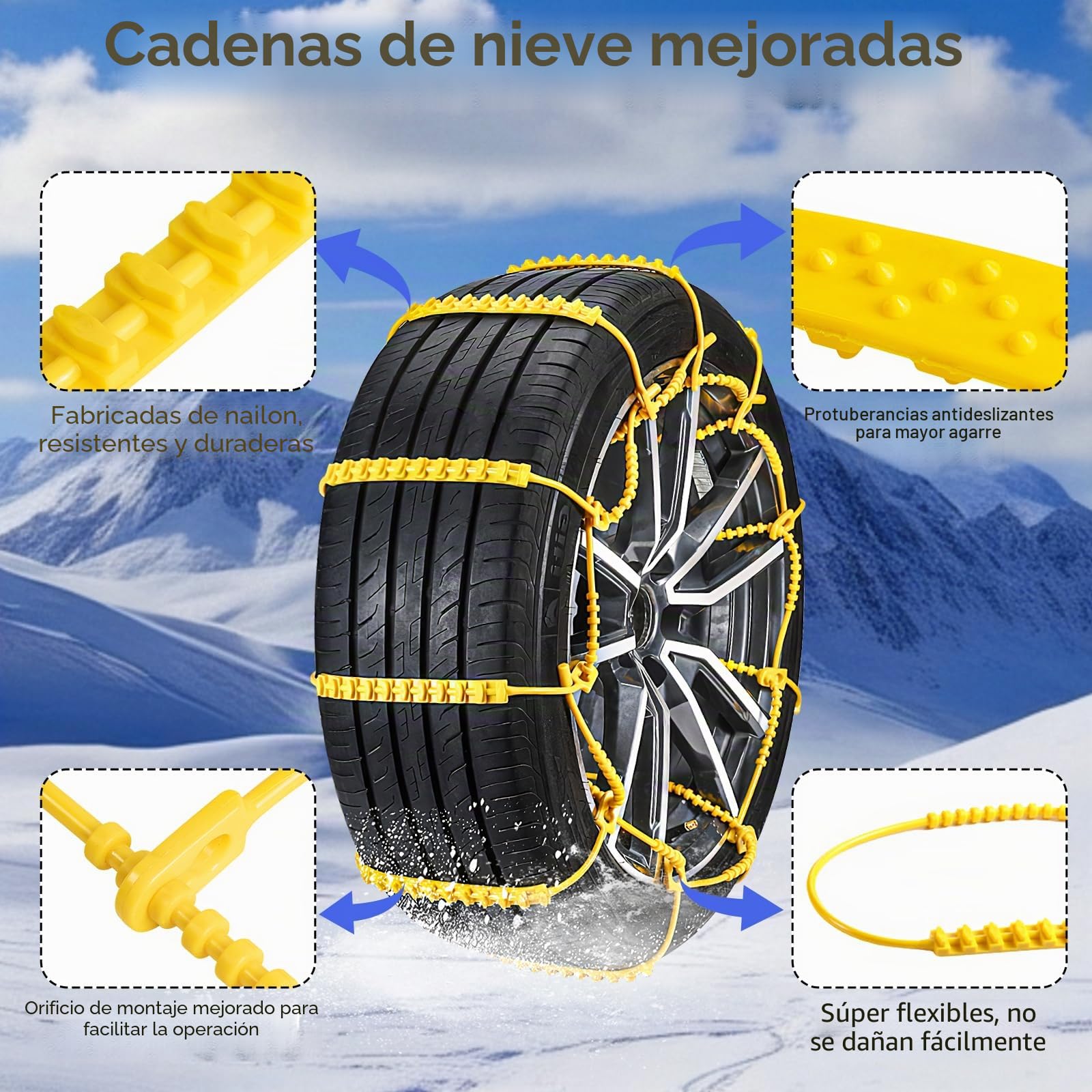 Cadenas de Nieve para Coche 10 PCS Nuevo diseño 2024 Fabricadas con Nylon Mayor Tracción con 11 puntos Antideslizantes Instalación Sencilla sin Herramientas 165mm-265mm
