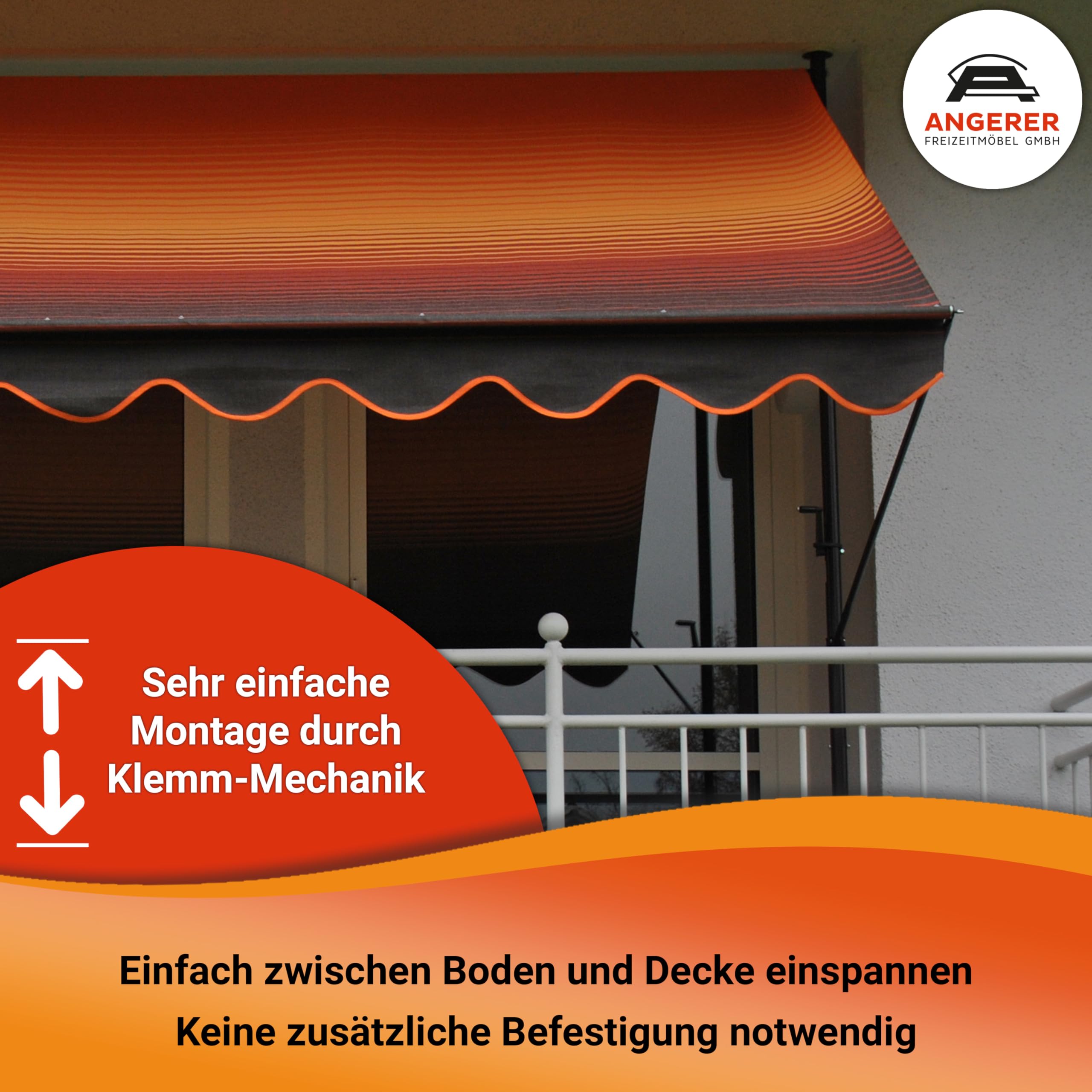Angerer Klemmmarkise Exklusiv mit Handkurbel, Terrasse/Balkon, einfache Montage ohne Bohren, Made in Germany, hochwertiger Stoff, UV-beständig, höhenverstellbar, wasserabweisend, 300 cm Orange-Braun