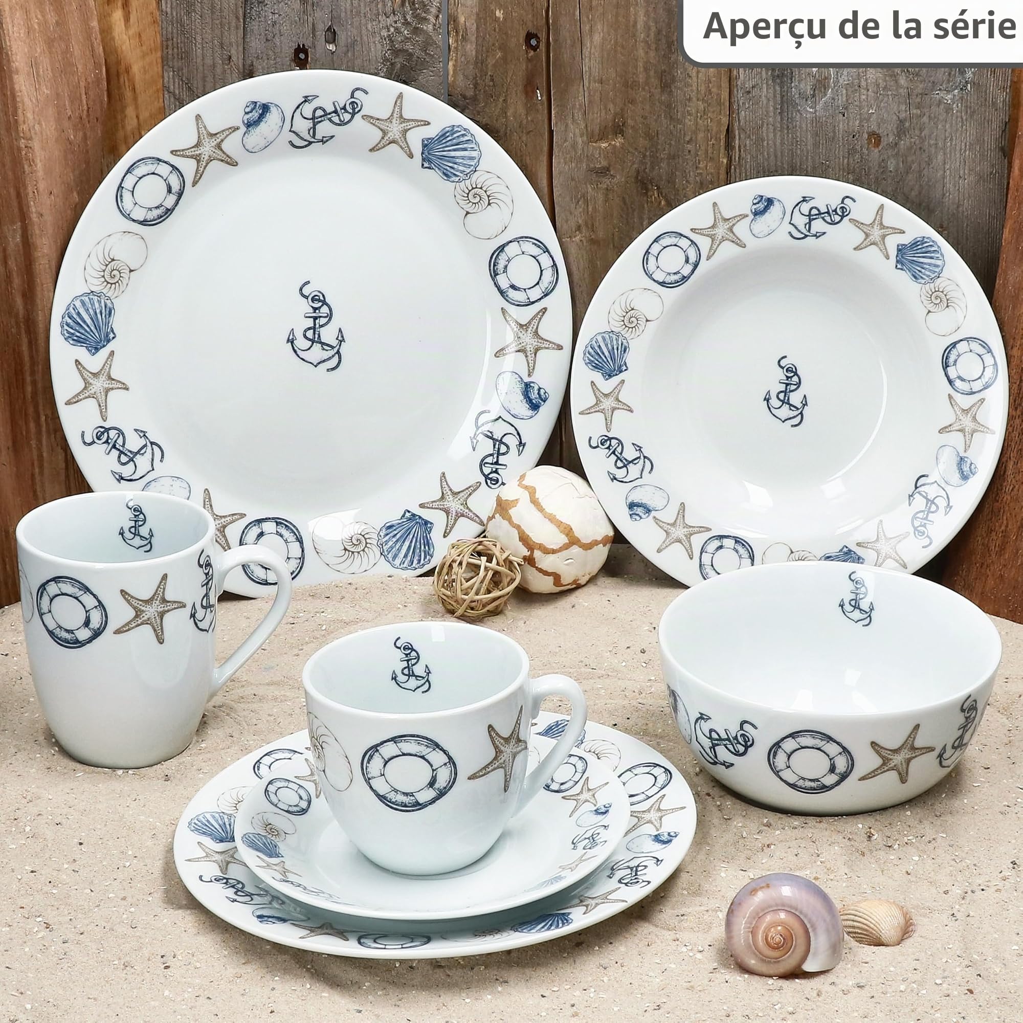 MamboCat Neptun Lot de 6 assiettes plates I Ø 27 cm I Assiettes en porcelaine avec motifs maritimes ancres, coquillages et autres pour 6 personnes I Grandes assiettes pour repas principaux, barbecue