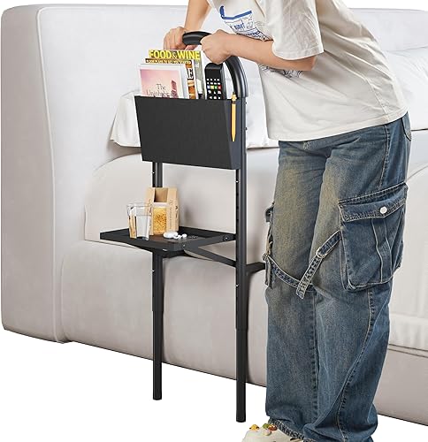 Rieles de cama para adultos mayores con bandeja plegable y bolsa colgante de almacenamiento, rieles laterales de cama de altura ajustable que