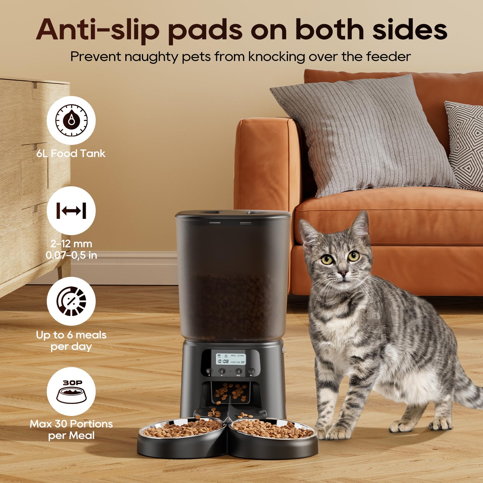 Petrice Automatic Cat Feeder for 2 Cats, 6L/25 Cups Cat Food Dispenser Programmable 30 Portions 6 Meals per Day, Timed Pet Feeder for Kitty Small Dogs with 10S Voice Record, Easy Setup, Black - image 2