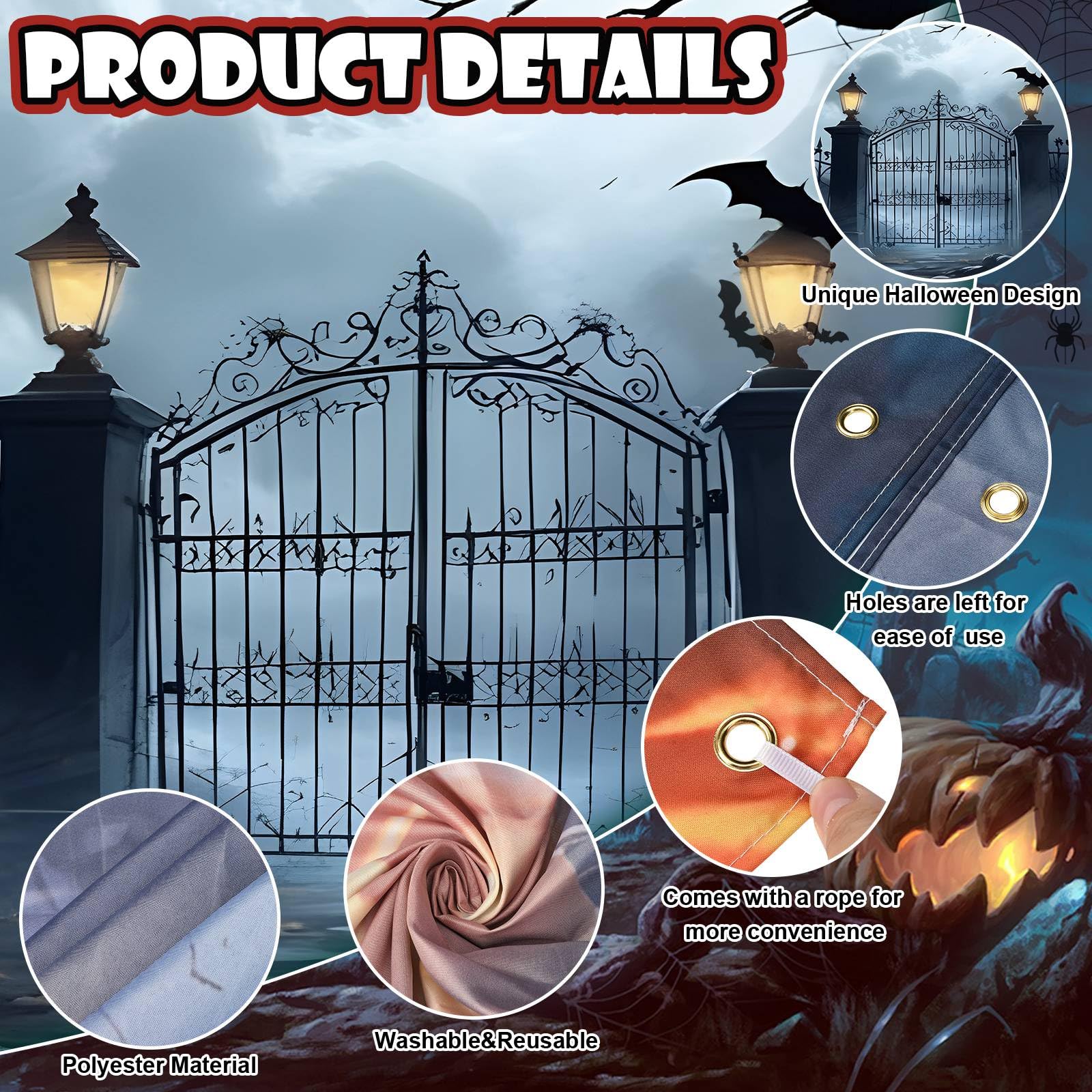 XhuangTech Baner na drzwi garażowe na Halloween, motyw horroru z 10 przelotkami, poliester 100D, straszna dynia, straszna wisząca dekoracja imprezowa (15 x 40 m Jack-O-latarnia z rzeźbionym)