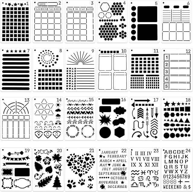 24 Pieces Journal Stencils Bullet Plastic Journal Stencils Planner DIY Templates Reusable Painting Stencils Calendar Drawing Craft Templates for School Journal Notebook Diary Scrapbook Art Projects