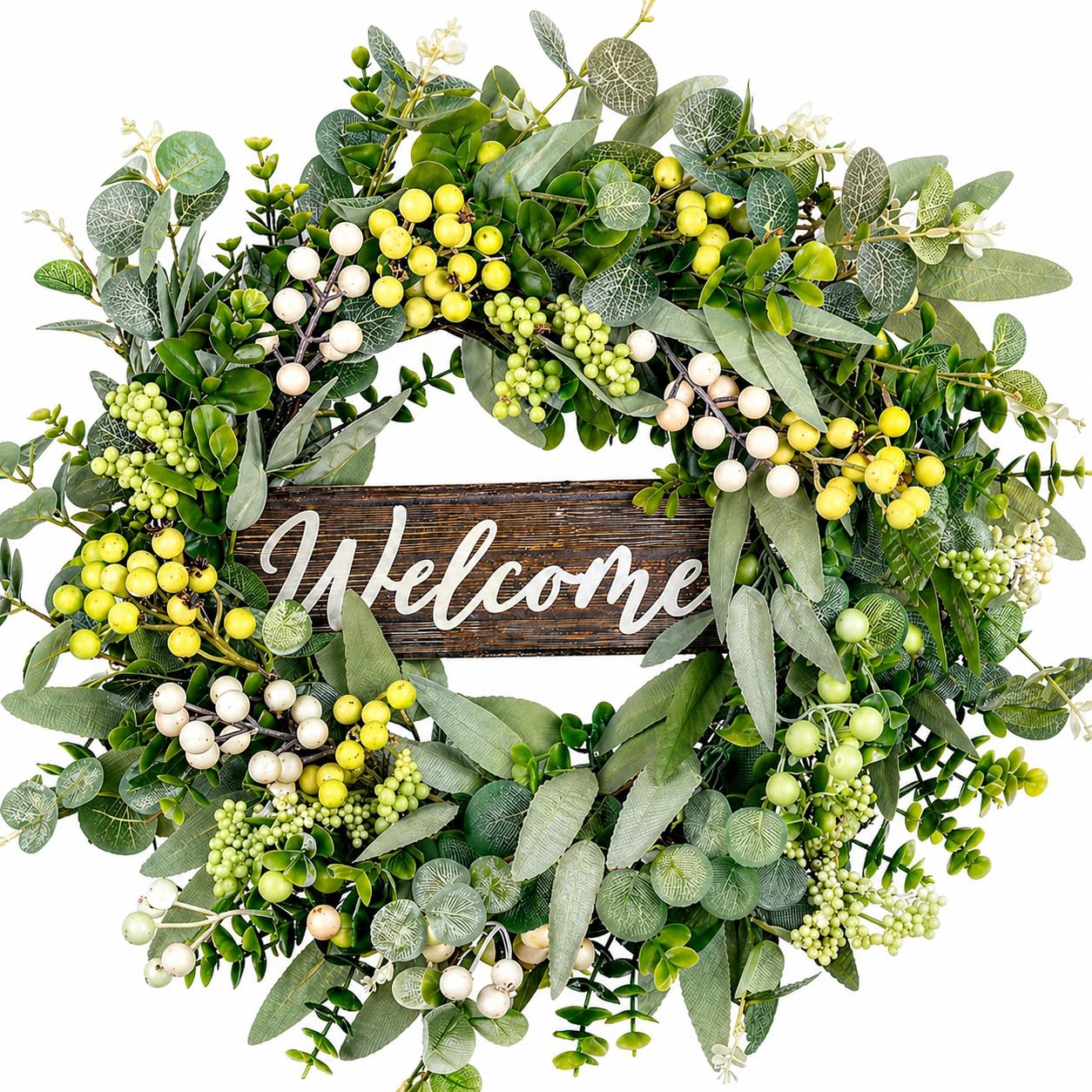 Ghirlanda di eucalipto, 46 cm, a molla, per porta d'ingresso, ghirlande estive per porte esterne, per appendere tutto l'anno, per casa colonica, ufficio, casa, decorazione per feste di nozze