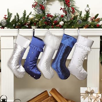 Christmas Stockings 5 Pack, 18 Inches White and Blue Xmas Stockings wiht Glitter Silver Snowflake Star Print and Plush Cuff, Classic Christmas Stocking Decorations for Family Holiday Party