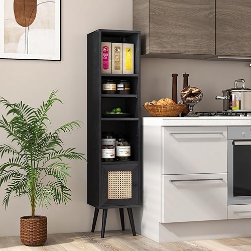 Miniatura 4 de LOKO Armario de almacenamiento delgado y alto, estantería bohemia con puerta de ratán, estante ajustable de 12 posiciones y patas de madera maciza,