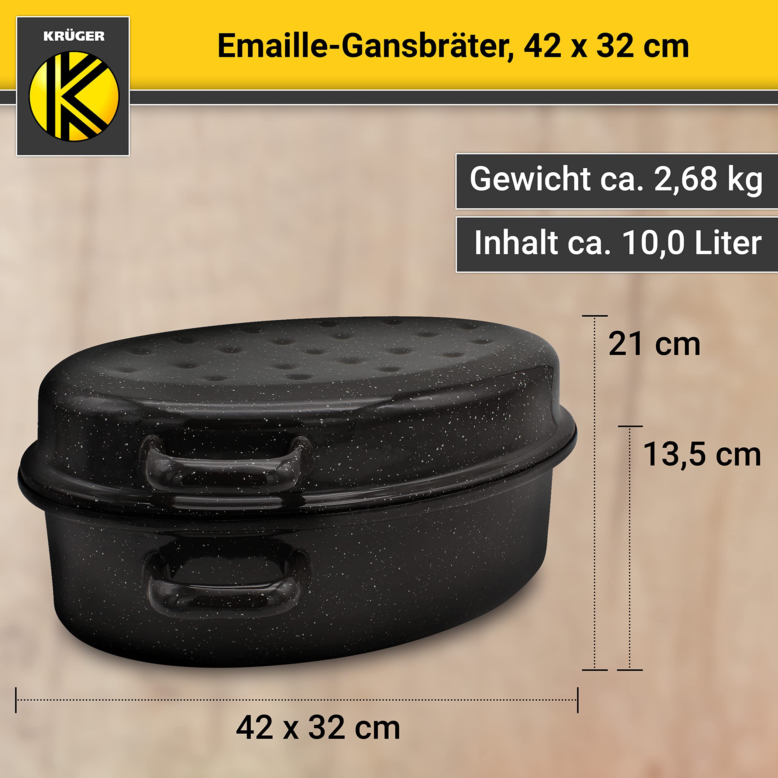 Krüger Emaille-Gansbräter mit Tropfdeckel - hochwertiger Bräter - für alle Herdarten geeignet - hervorragend für Braten und Geflügel (Emaille - schw.-weiß gesprenkelt (42 x 32 cm))