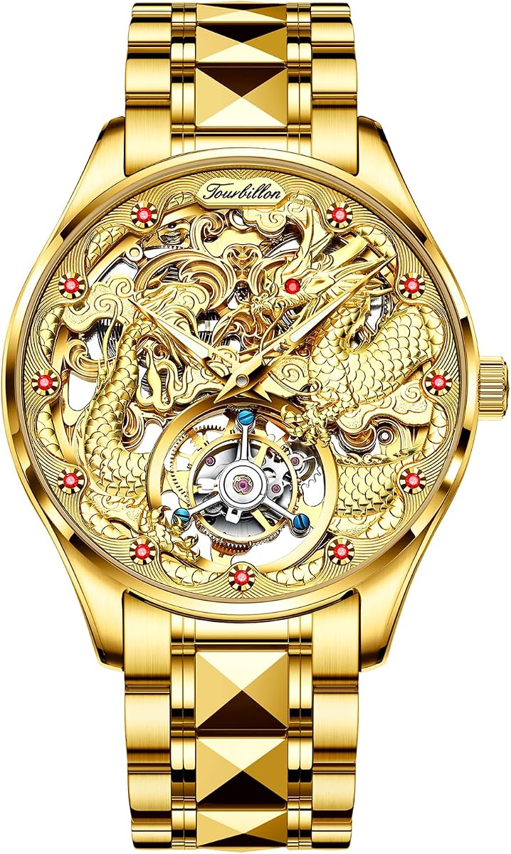 Dragon Skeleton - Relojes de pulsera para hombre, vestido de lujo, cuerda automática, mecánico, cristal de zafiro, diamante, resistente al agua, luminoso, banda de acero de tungsteno, relojes para hombre, regalo