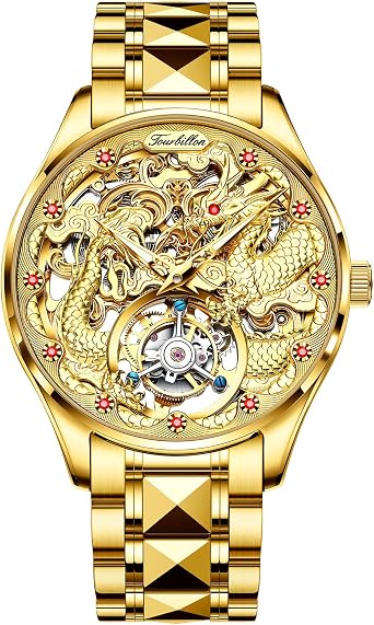OUPINKE Dragon Skeleton Mens Wrist Watches Luxury Dress Automatic Self Winding Mechanical Sapphire Crystal Diamond Waterproof Luminous Tungsten Steel Band Watches