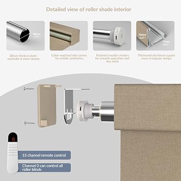 Boolegon Motorized Roller Blinds with Remote Control, Blackout Linen Fabric-Matched Automatic Roller Shades for Windows, Rechargeable Electric Window Shades for Home, Office, Beige, Custom Now.