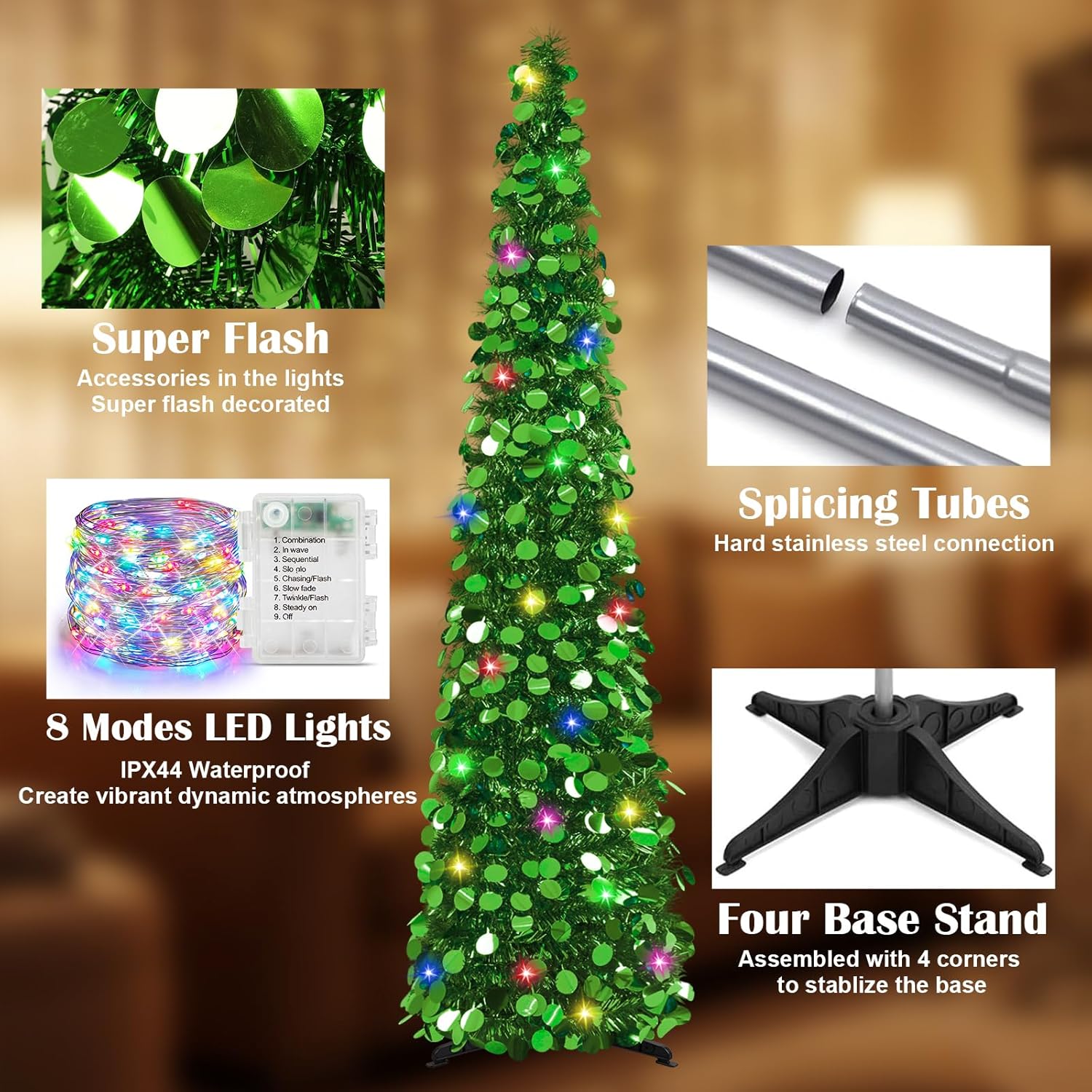 MACTING Pop Up Christmas Tree with 50 LED Lights 5FT Collapsible Tinsel Pencil Tree Easy-Assembly Coastal Glitter Artificial Tree for Porch Apartment Corner Home Party Indoor Xmas Decorations,Green