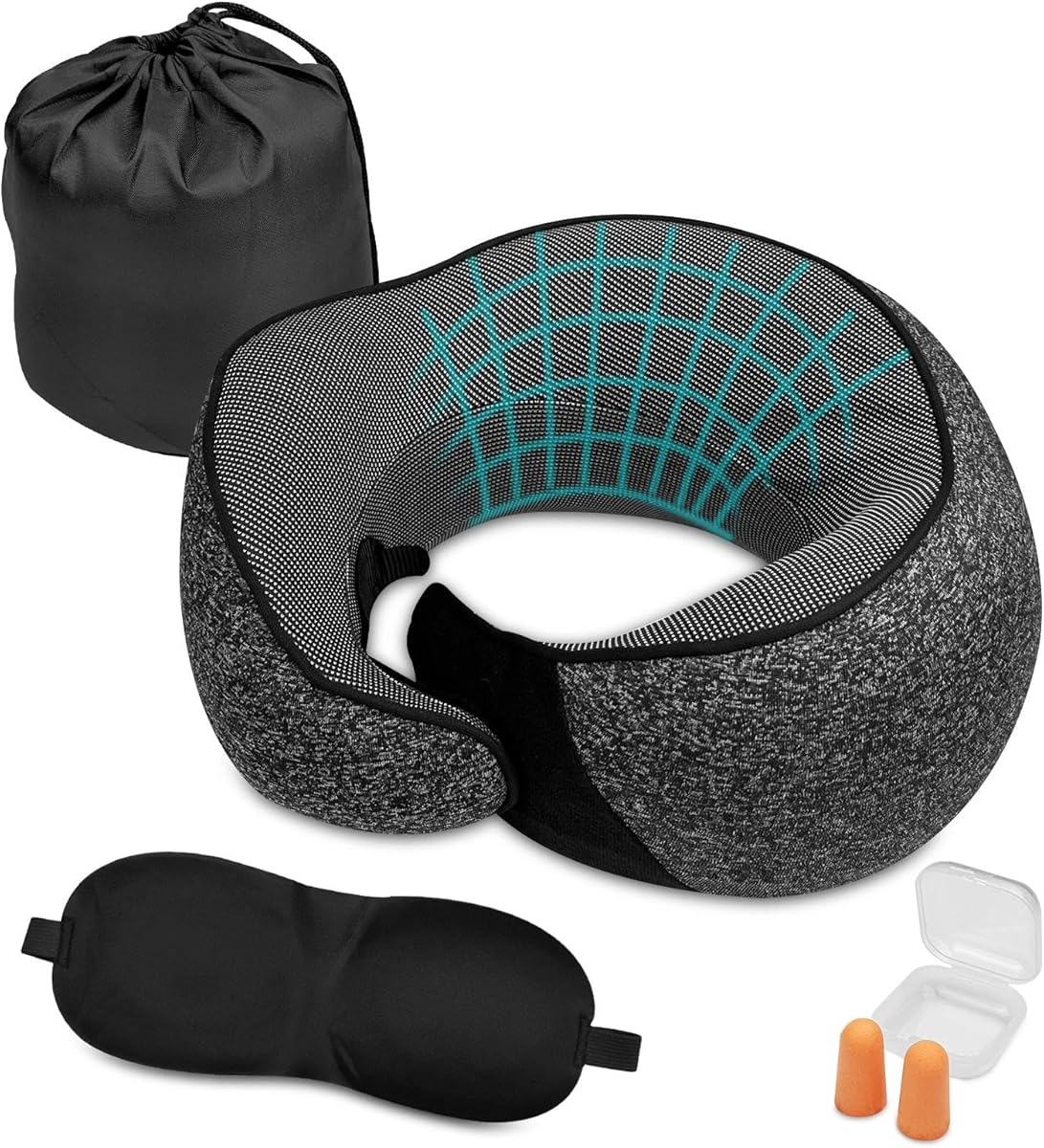 Nackenkissen Flugzeug Memory Foam, Reisekissen Ergonomisches, Nackenhörnchen mit Ohrstöpseln, Augenmaske und Tragetasche, Flugzeug Kissen Einstellbares, Schlafkissen Auto für Camping, Reise