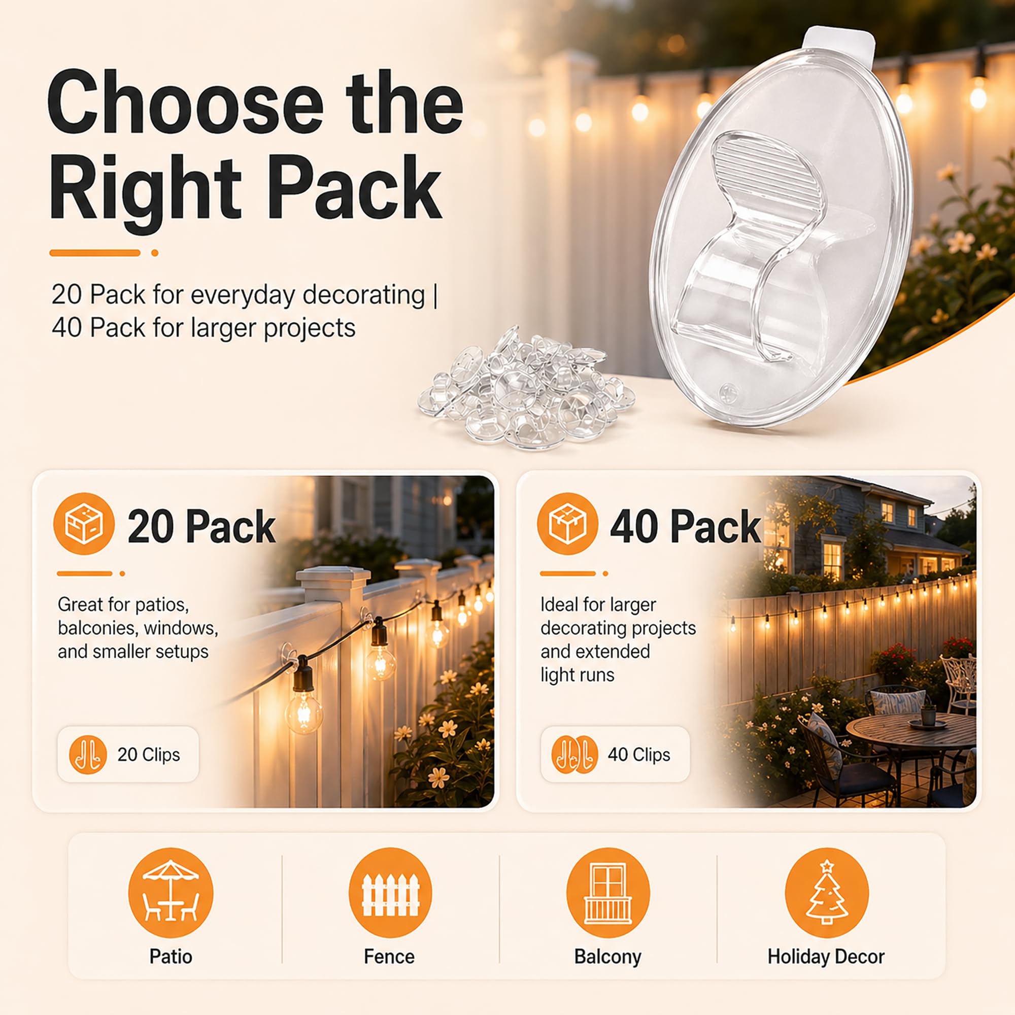 Ganchos para clips de luz de cuerda al aire libre: 20 clips de cadena de luces para exteriores, clip de luz transparente resistente para colgar con adhesivo impermeable para colgar en el patio