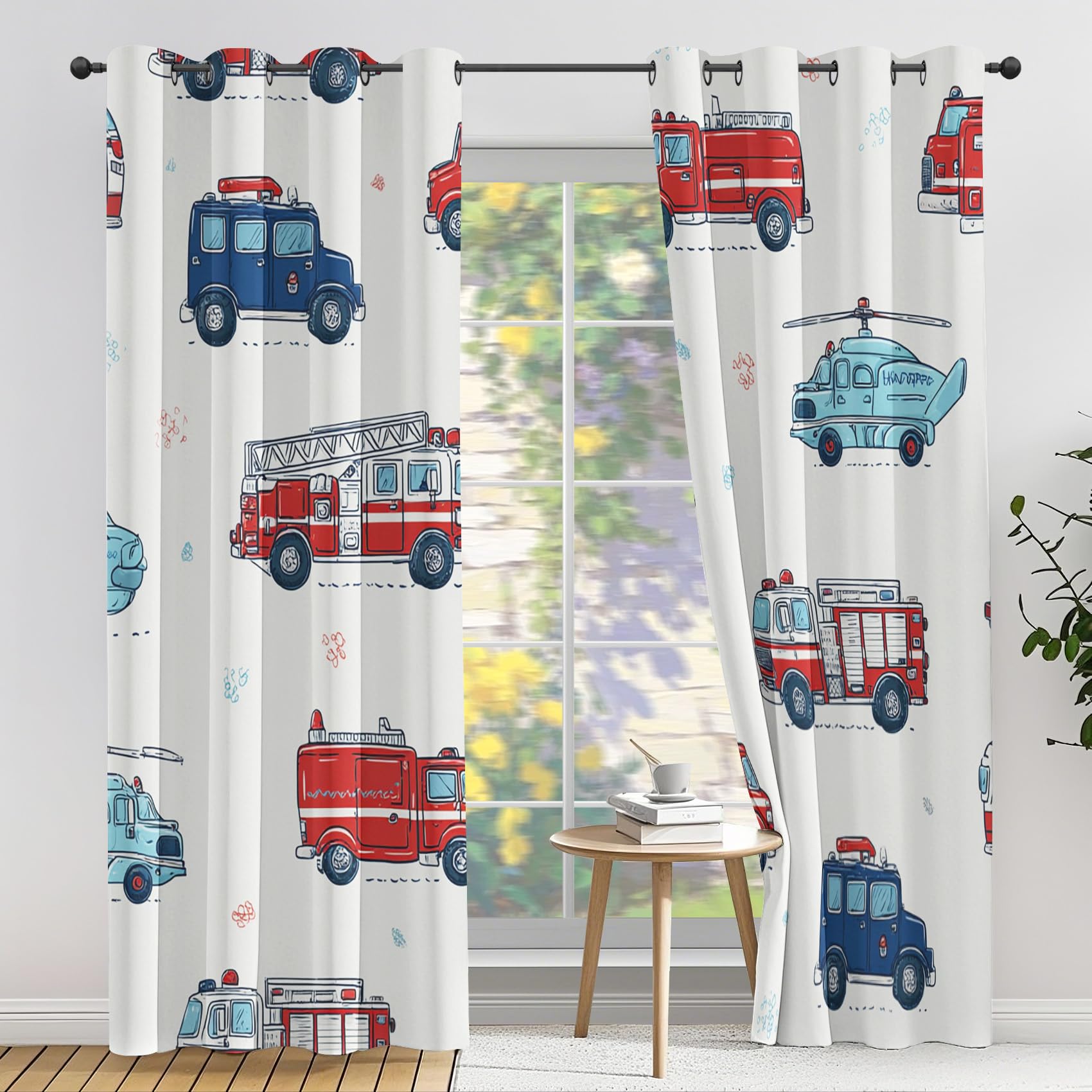 Karikatur Feuerwehrmann Vorhang, Feuerwehrauto Gardinen mit Ösen 2er Set Verdunkelungsvorhang - Hubschrauber Fahrzeug Vorhänge, Wohnzimmer Schlafzimmer Kinderzimmer Blickdichte vorhänge, 183x214 cm