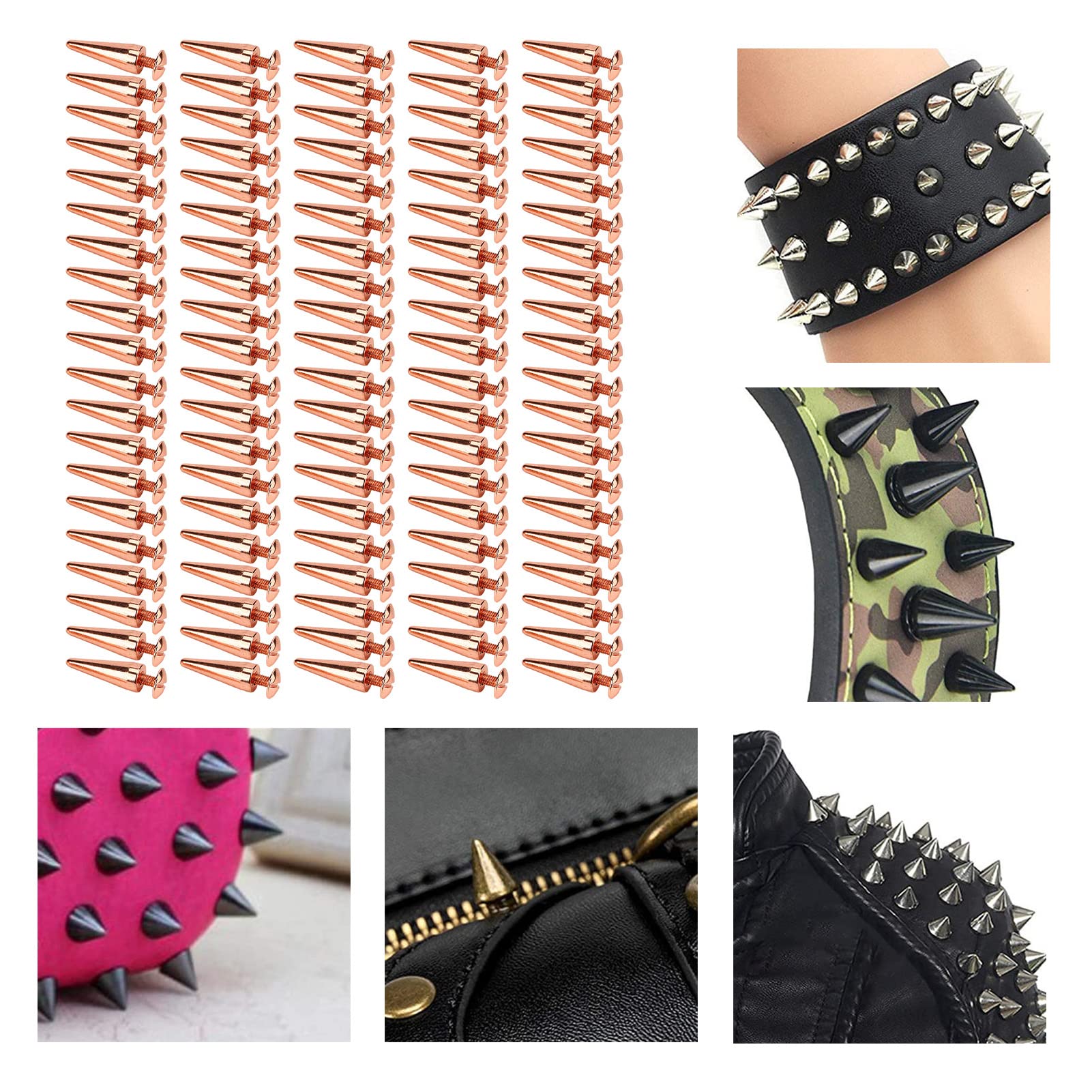 100 Juegos Punk Cone Spikes Screwback Studs Galvanoplastia Oro Rosa Remaches De Metal Tornillo Para Bricolaje Trabajo Artesanal De Cuero, Bolsos Cinturones Zapatos Adorno(10 * 28mm)