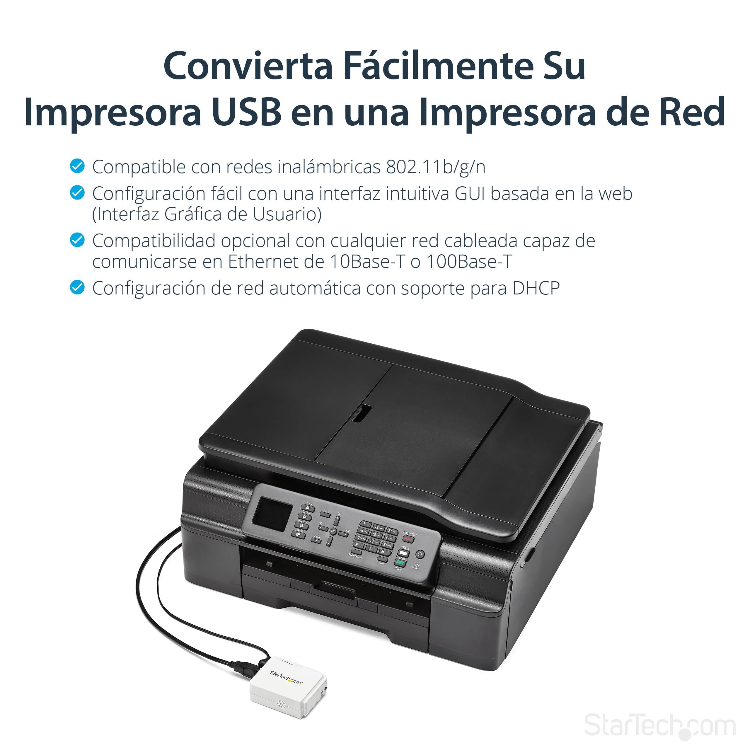 StarTech.com Servidor de Impresión Inalámbrico Wireless N y Ethernet de 1 Puerto USB, 802.11 b/g/n, Servidor Wifi de Impresoras