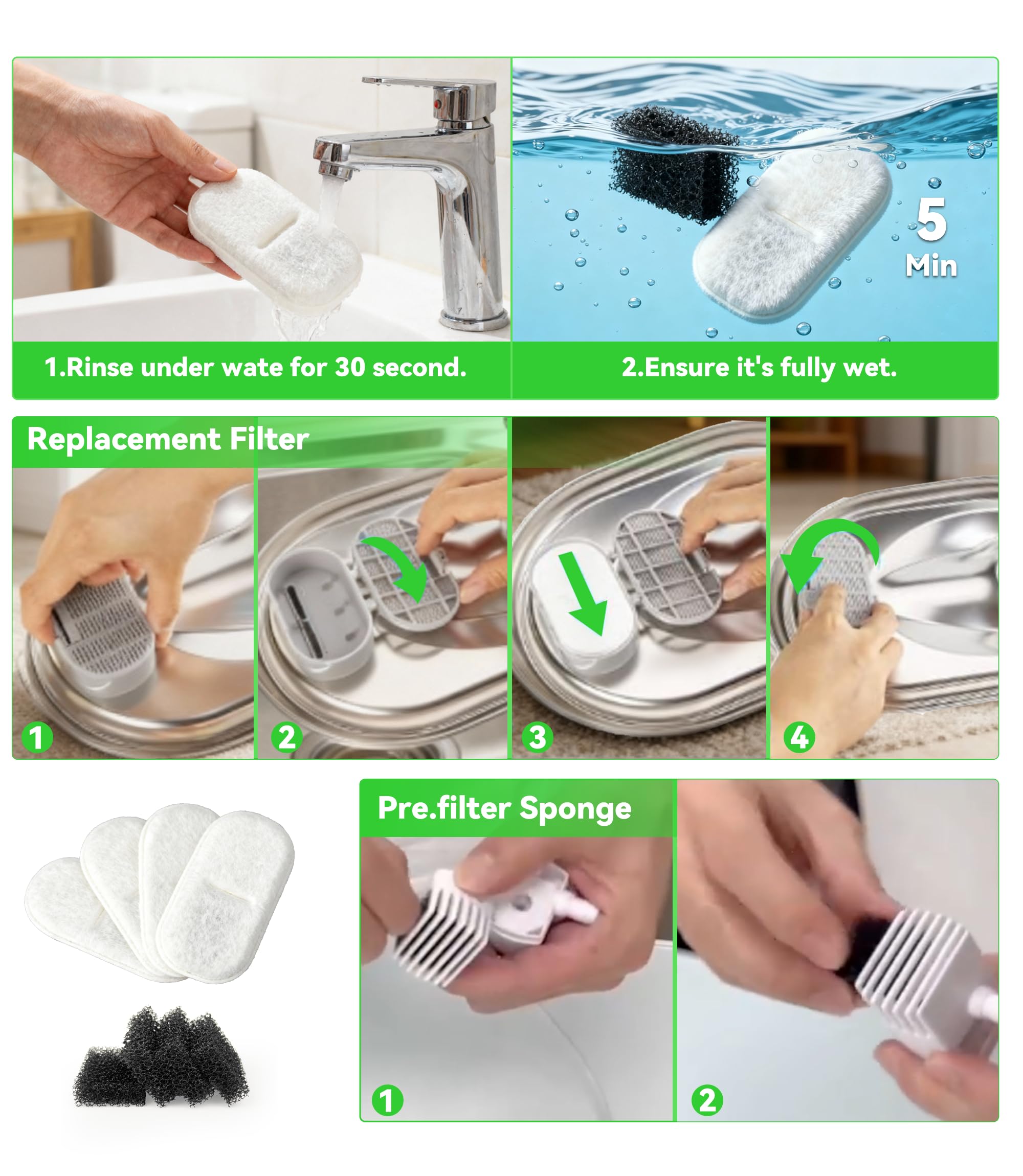 Cat Water Fountain Filter Replacement: Carbon Filters & Foam Sponges Kitty Spout Pump Filters for 108Oz/3.2L & 67Oz/2L Stainless Steel Pet Water Dispenser Cat/Dog (16) - image 5