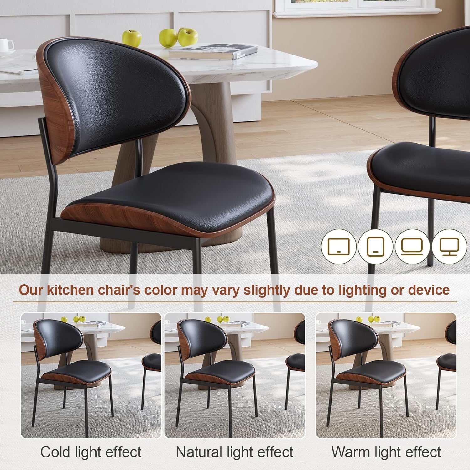 Dining Chairs Set of 4, Mid Century Modern Upholstered Dining Room Chairs, Faux Leather Kitchen Chairs with Curved Wooden Back and Metal Legs (Black)