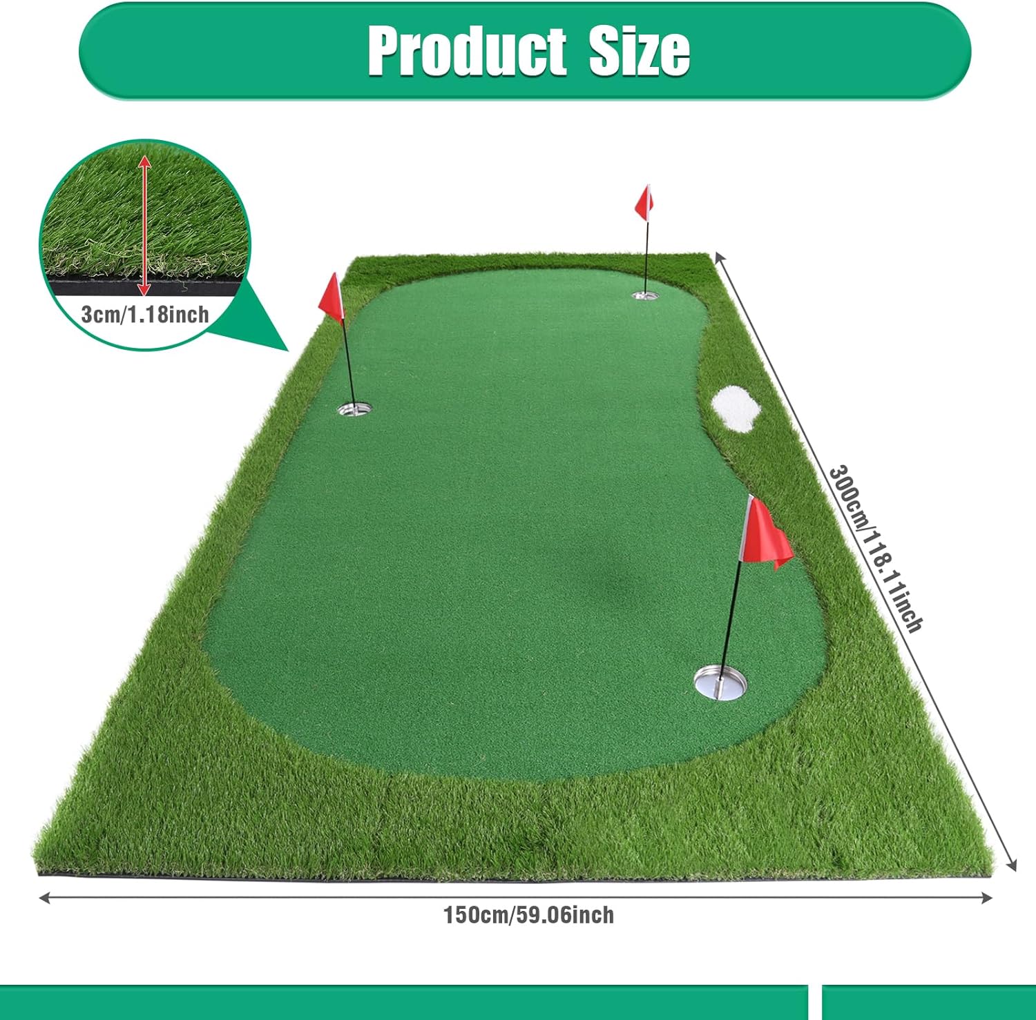 Golf Putting Training Mat Practice Putting Green Mat with Movable Cup/Slope Pad 3mx1.5m with Ball Tray for Hitting Driving Chipping