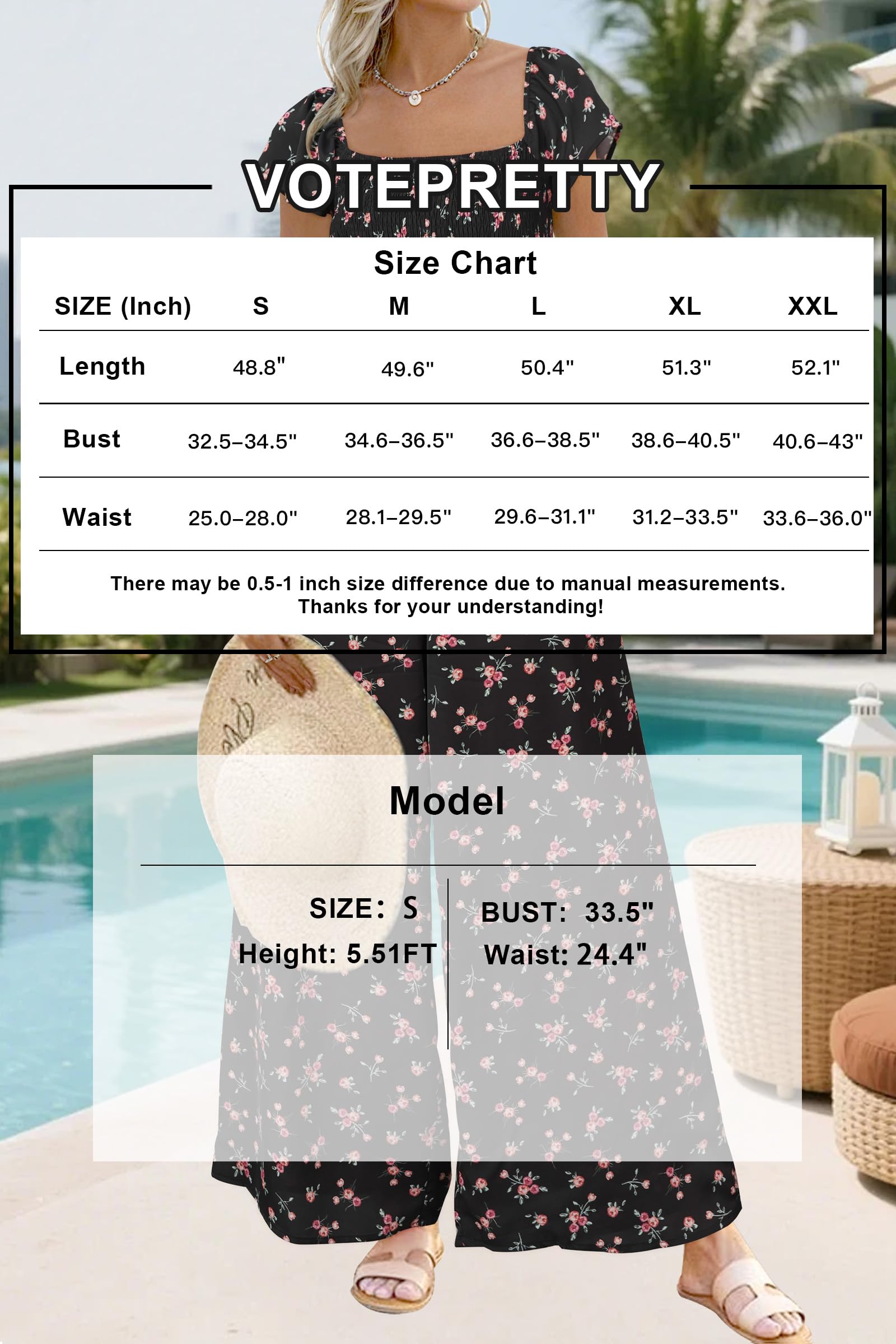VOTEPRETTY Combinaison pour femme, manches courtes, col carré, smockée, jambe large, une pièce avec poches