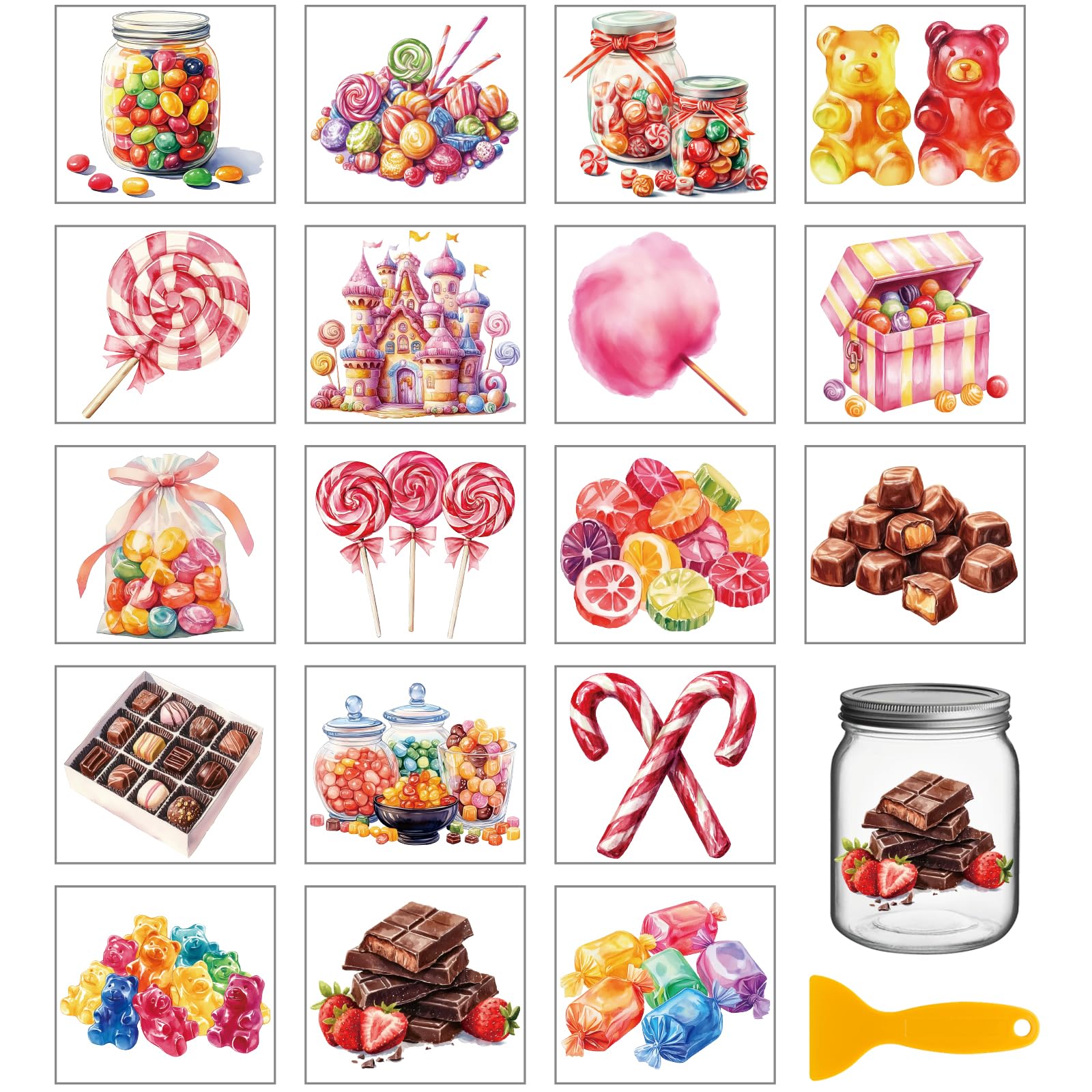 GLOBLELAND 18 Sheets Dream Candy Rub on Transfers Chocolates Waterproof UV DTF Cup Wraps Decals 3.9x3.6inch Sugar Beans Lollipops Transfer Stickers for Water Cup Glass Bottle Vase Crafts
