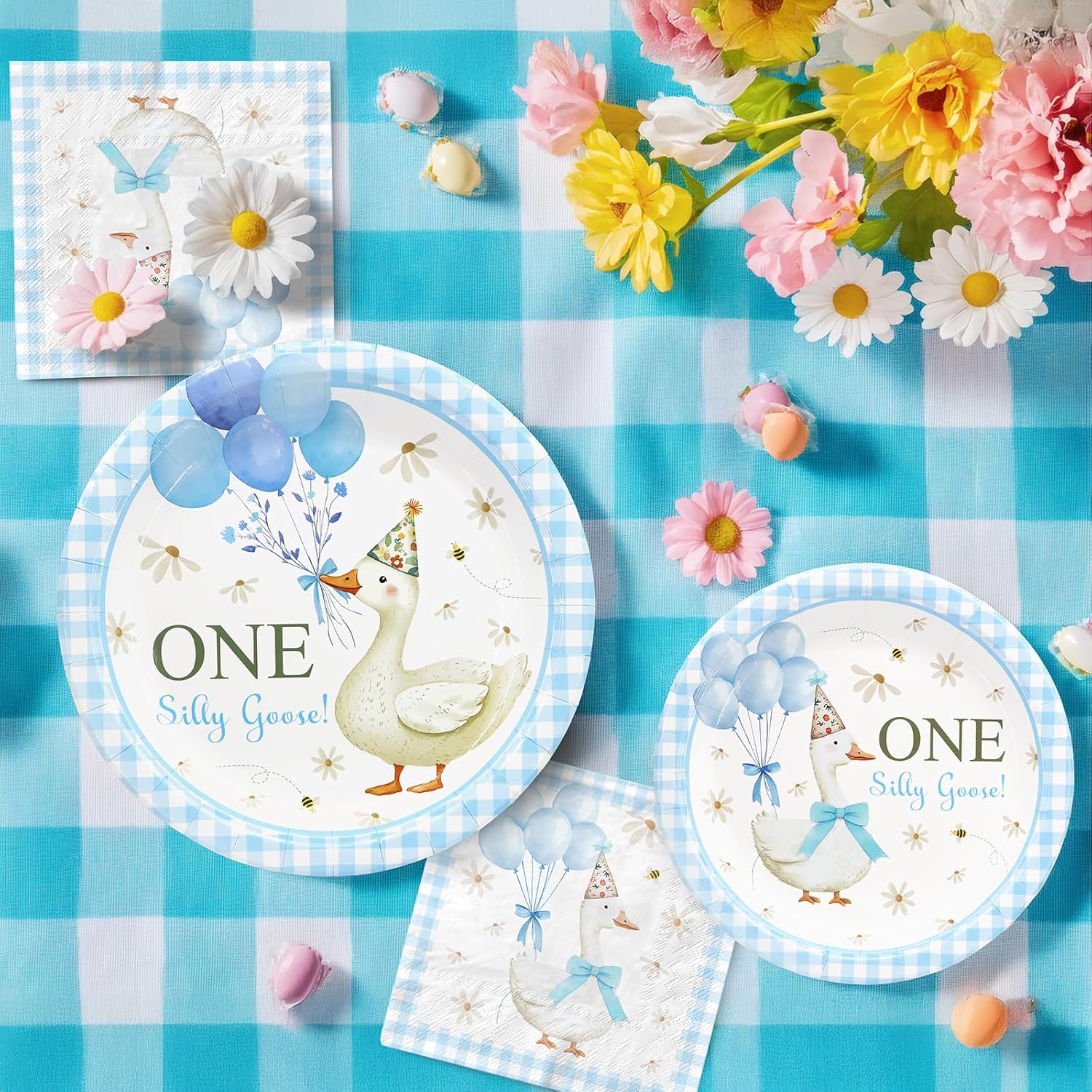 Celee Silly Goose Birthday Party Supplies for 40 Guests – Blue Gingham Plates and Napkins– Farm Animal Themed Disposable Tableware Set for Boys 1st Birthday Decorations