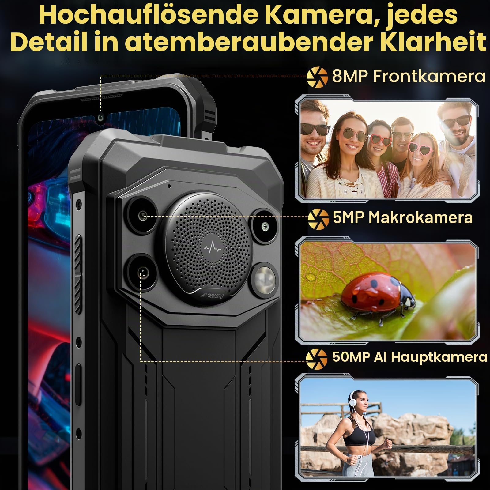 FOSSiBOT F110Pro Outdoor Smartphone 5G Android 15, 128 dB Lautsprecher-10000 mAh Handy Ohne Vertrag, 5G MediaTek Dimensity 6300+, 20 GB+128 GB/2TB, 6.745" Smartphone, 50 MP Kamera (schwarz)