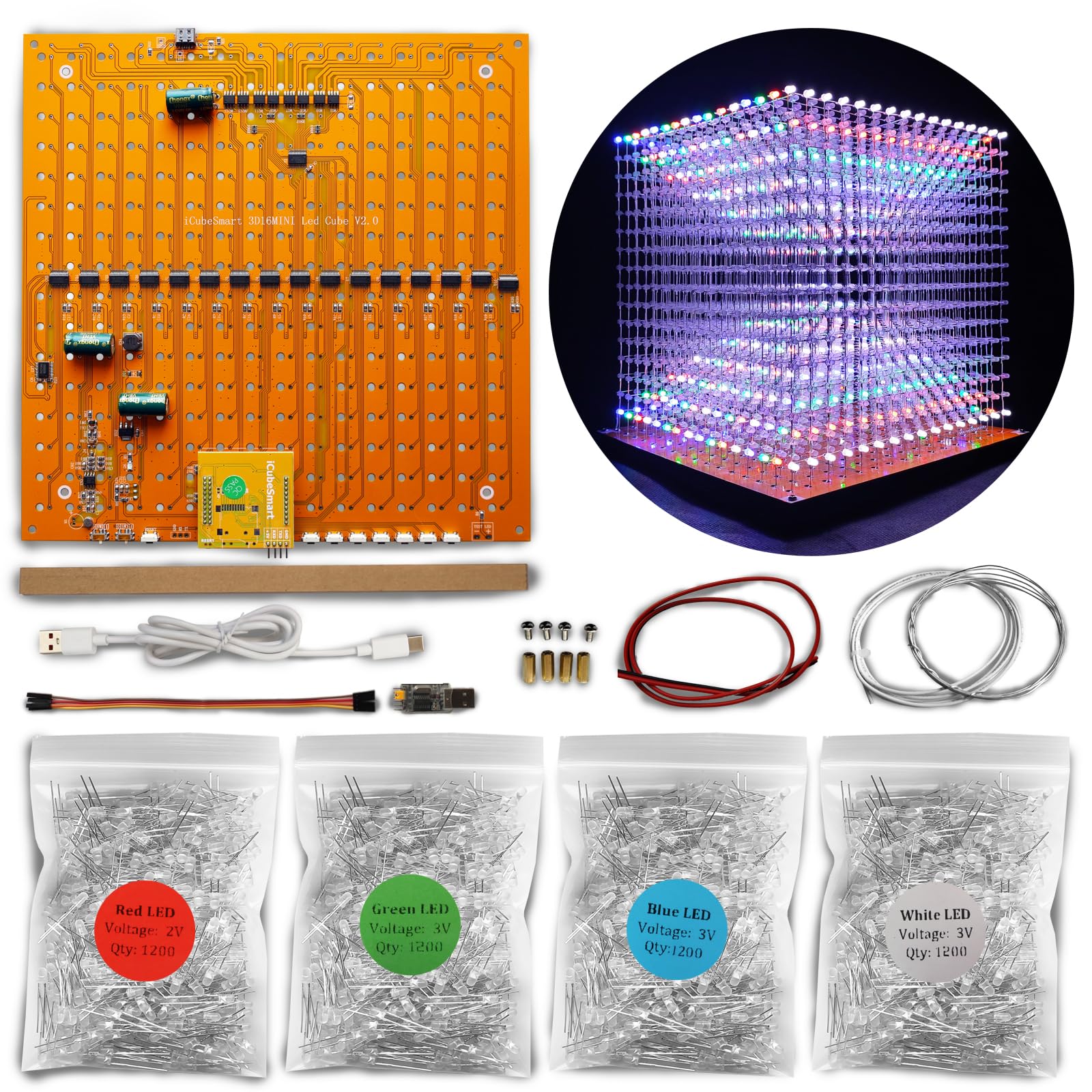 iCubeSmart Mini 3D Led Cube DIY Electronics Kit Soldering Project Kit (3D16MINI-MULTI4-KIT)