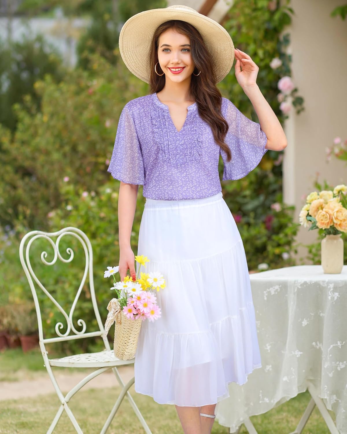 Furnex Womens Blouses Chiffon Ruffle Short Sleeve Tops Summer Pleated V Neck Casual Work Tops - Image 3