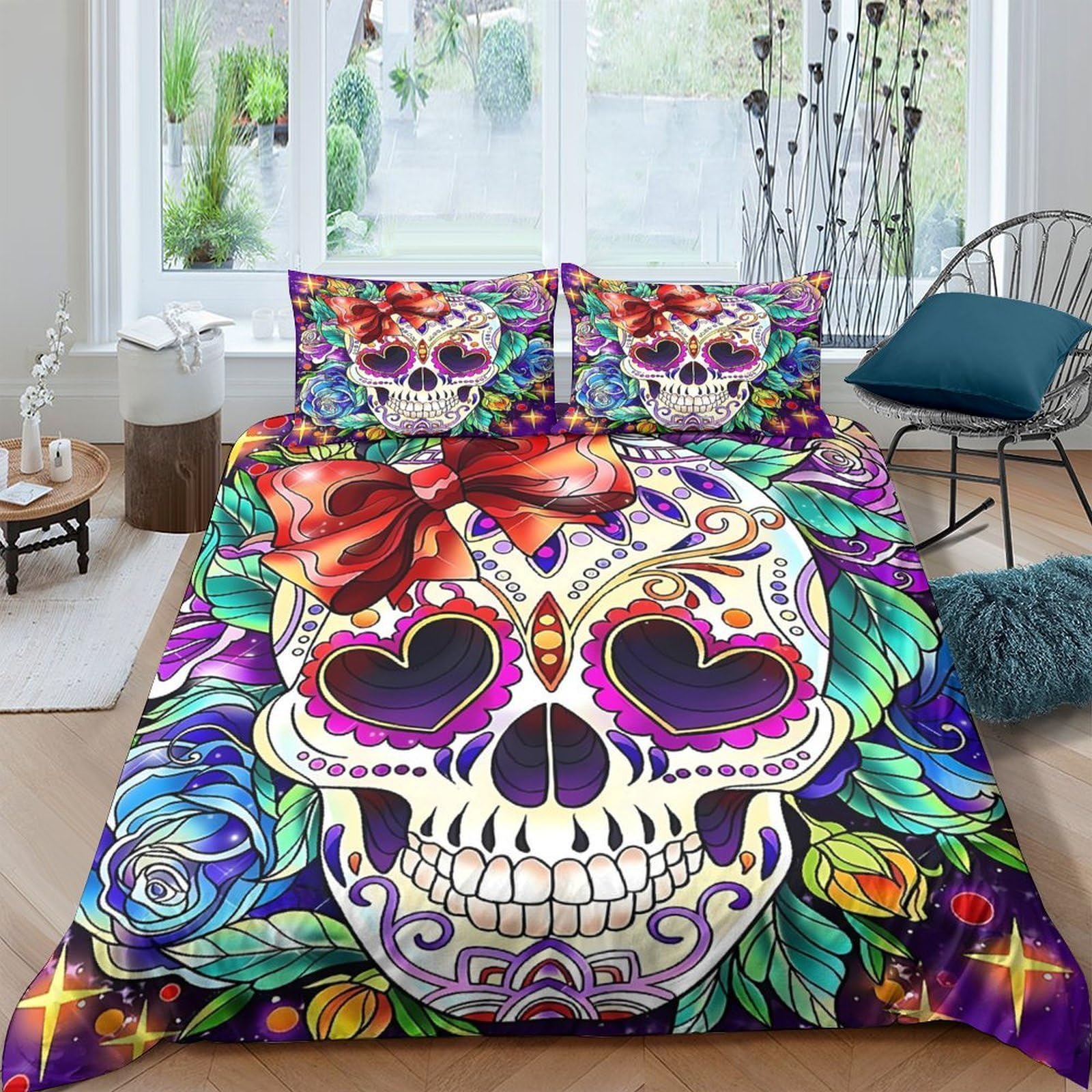 Ctjqhvkz Style-1 3D Printed Sugar Skull Fitted Sheet Microfiber Floral Skull Bed Cover For Bedroom Guest Room Dorm Mattress Decor Single（135X200cm）