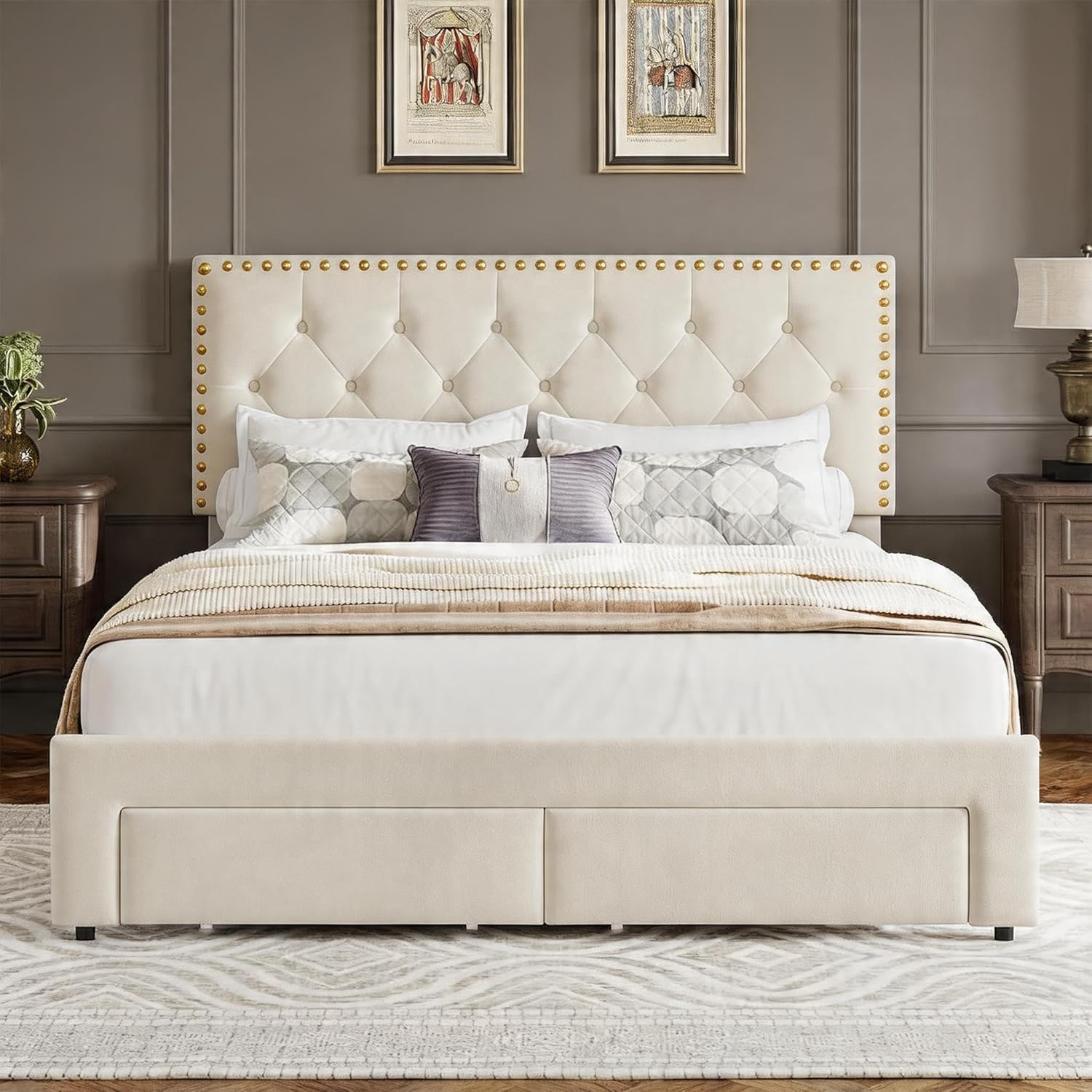 GarveeHome Queen Size Bed Frame with Storage Drawers — Velvet Upholstered Platform Bed with Vintage Headboard, Wooden Slat Support, Noise-Free, No Box Spring Needed, Beige