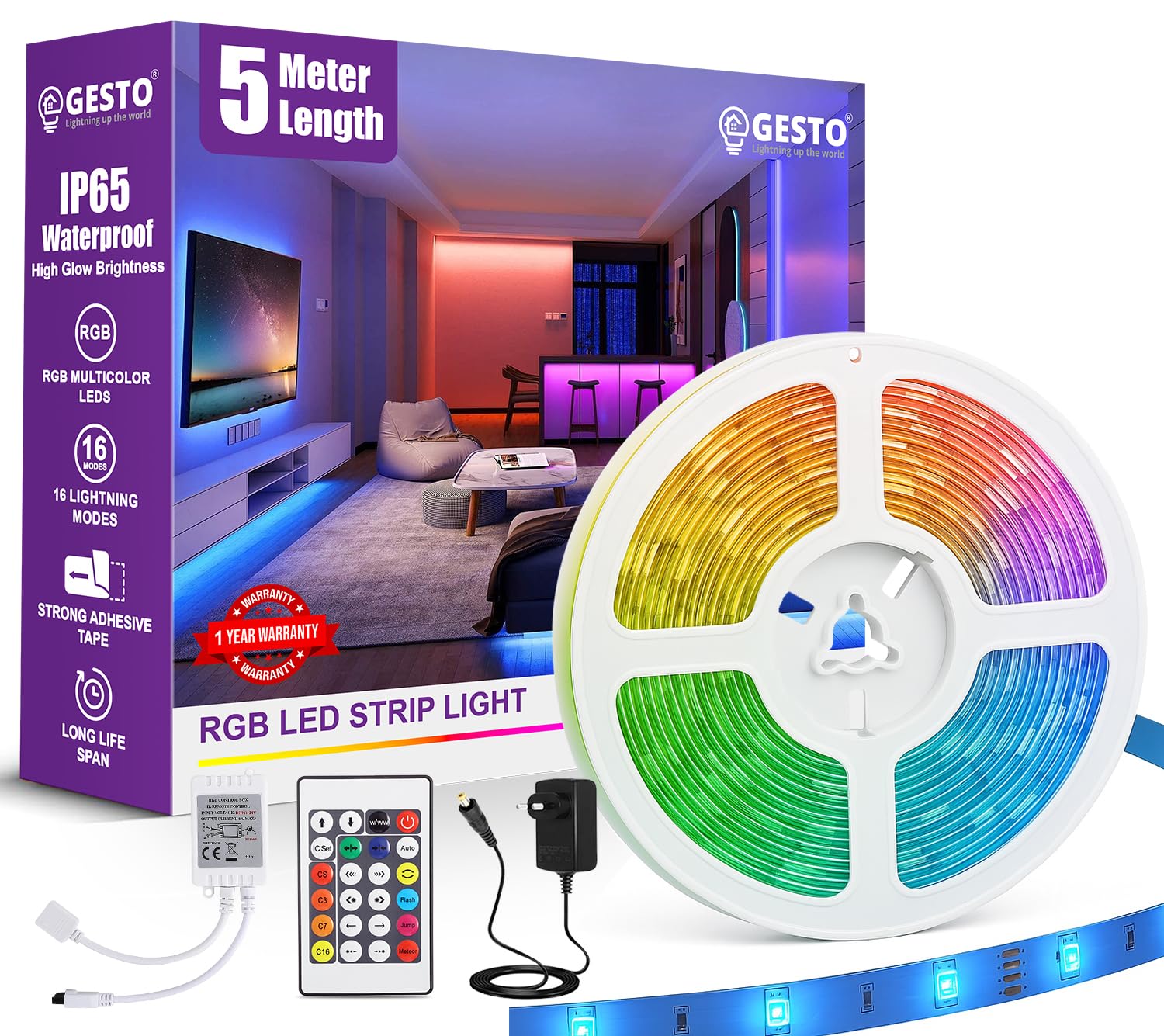 Gesto RGB LED Strip Light - 5M Multicolor, Remote Control -1 Gesto RGB LED Strip Light - 5M Multicolor, Remote Control -1