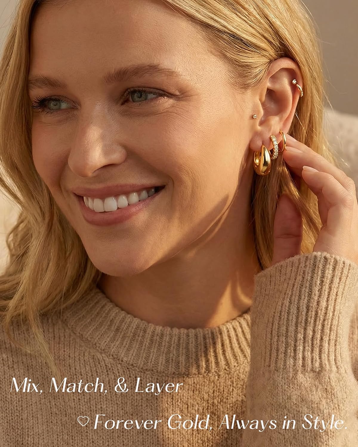 9 Pairs Gold Huggie Hoop Earrings Sets for Women, 14K Gold Plated Small Hoop Earring Sets for Multiple Piercing, Hypoallergenic Thick Lightweight Earring for Womens Jewelry Gifts