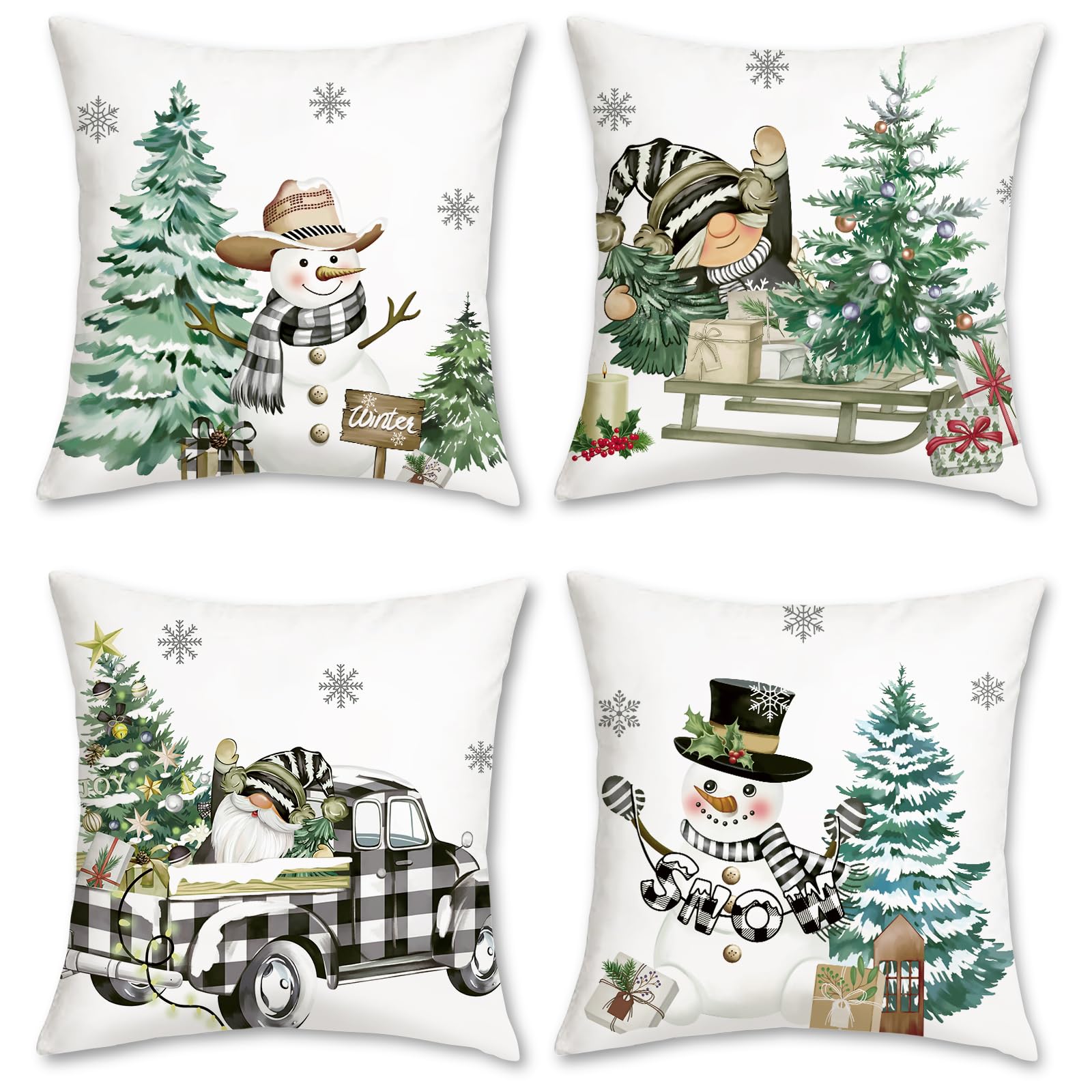 COZZSNUGE Winter Kissenbezüge 45 x 45 cm, Weihnachten Schneemann Zwerge LKW Weihnachtsbaum Samtig Dekorative Kissenhülle Zierkissenbezüge für Sofa Wohnzimmer Zuhause Patio 4er Set