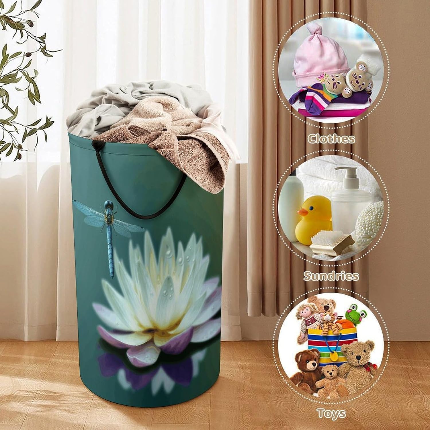 Dragonfly with Water Lily Laundry Basket Dirty Clothes Bin, Waterproof Laundry Hamper, Laundry Bag, Clothes Hamper Stands for Bedroom, Towels,Clothings image 3