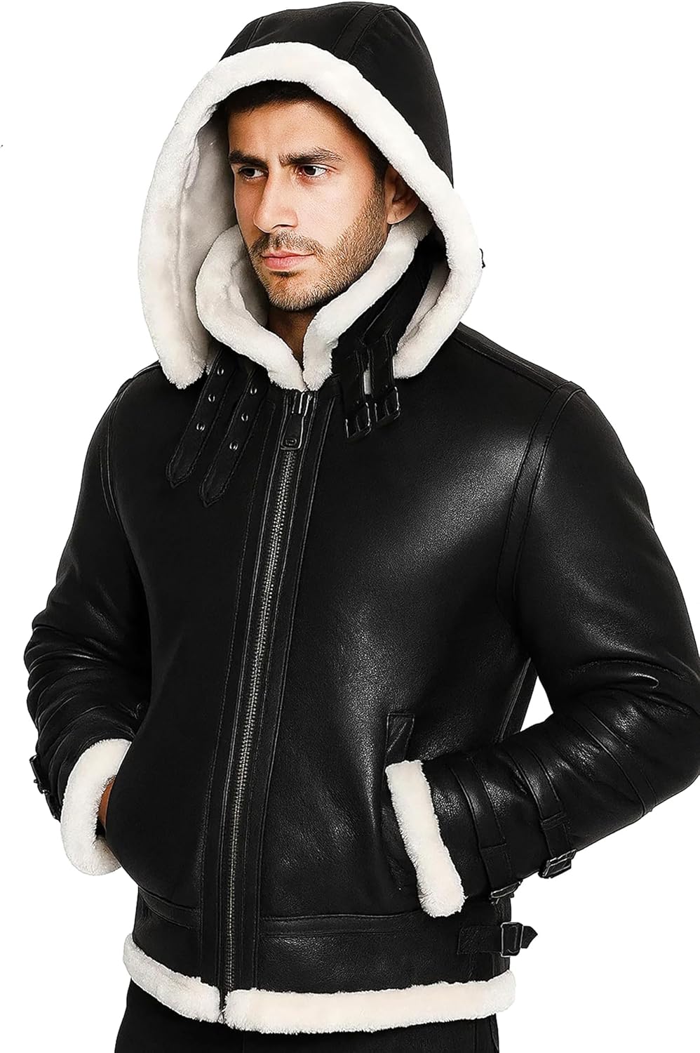 Men’s B3 Bomber Fur Shearling Winter Aviator Pilot Flying Removable Hood Black Sheepskin Leather Jacket