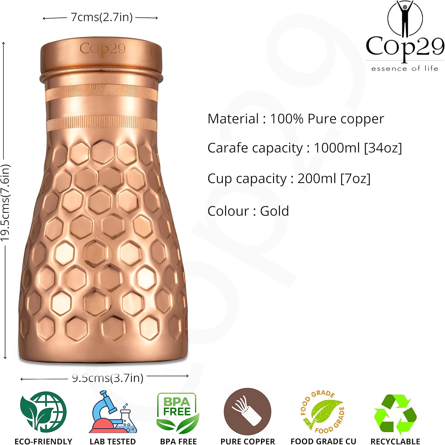 Cop29 Handmade Dolny Matt Honeycomb Copper Bedroom Water Bottle I Pitchers with Lid I Bedside Water Carafe (Indoor Purpose with Loose Lid) -1000ml/34oz