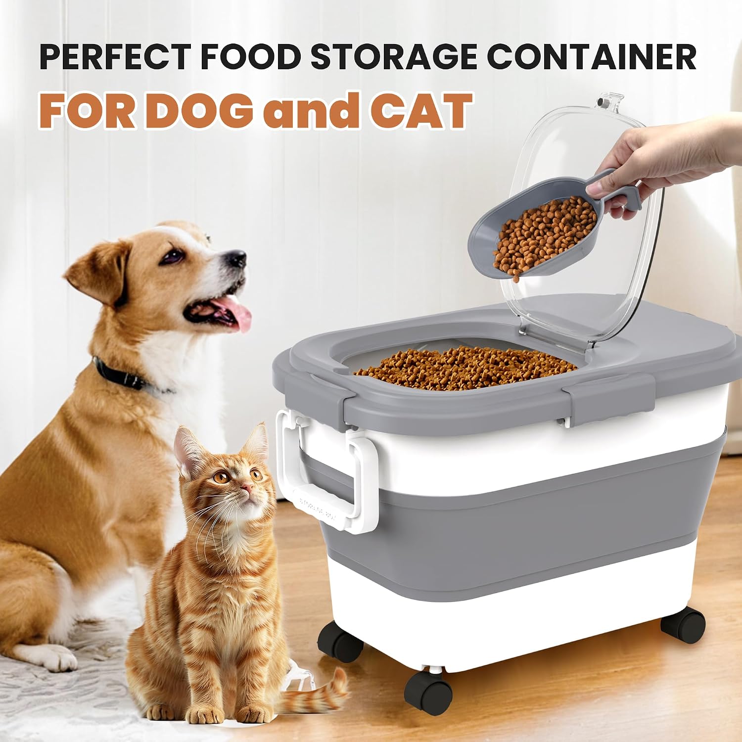 15-23 Lbs Airtight Dog Food Storage Container,Collapsible Dog Food Container with Lid,Wheels,Handle,Large Cat food storage Container with Scoop,Small Food Container for Dog Cat