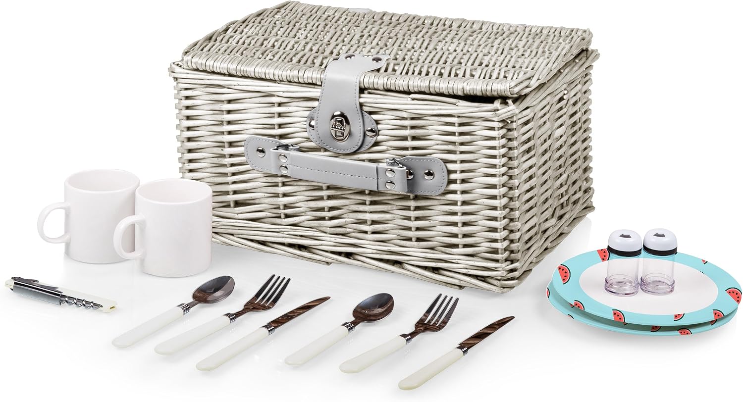 PICNIC TIME Catalina Picnic Basket for 2, Classic Deluxe English Handwoven Wicker Basket with Genuine Leather Accents and Full Service for Two, (Vista Blue with Red Watermelon Pattern)