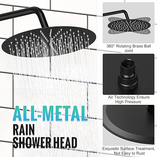 Miniatura 8 de SR SUN RISE Sistema de ducha montado en el techo de 12 pulgadas, grifo de ducha de lluvia con rociador de mano de 6 ajustes, negro mate