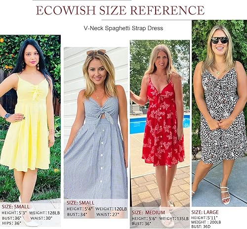Miniatura 4 de ECOWISH - Vestido de verano con tirantes delgados y cuello en V para mujer, vestido de diseño acampanado, con botones, nudo frontal, espalda
