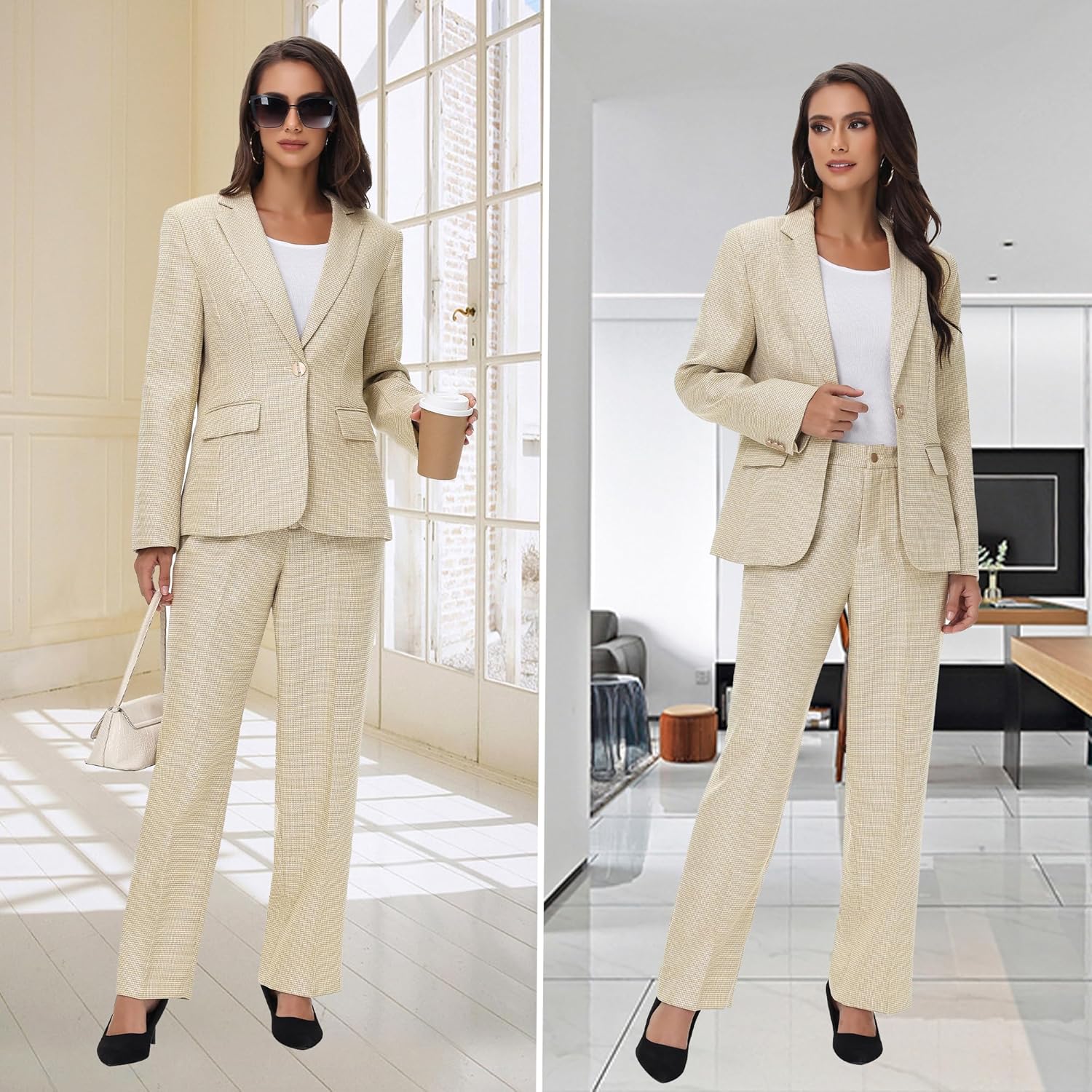 TRONSTORE Women's Suit 2 Piece Set Business Pants Suit for Women Pinstripe Houndstooth Blazer - Image 3