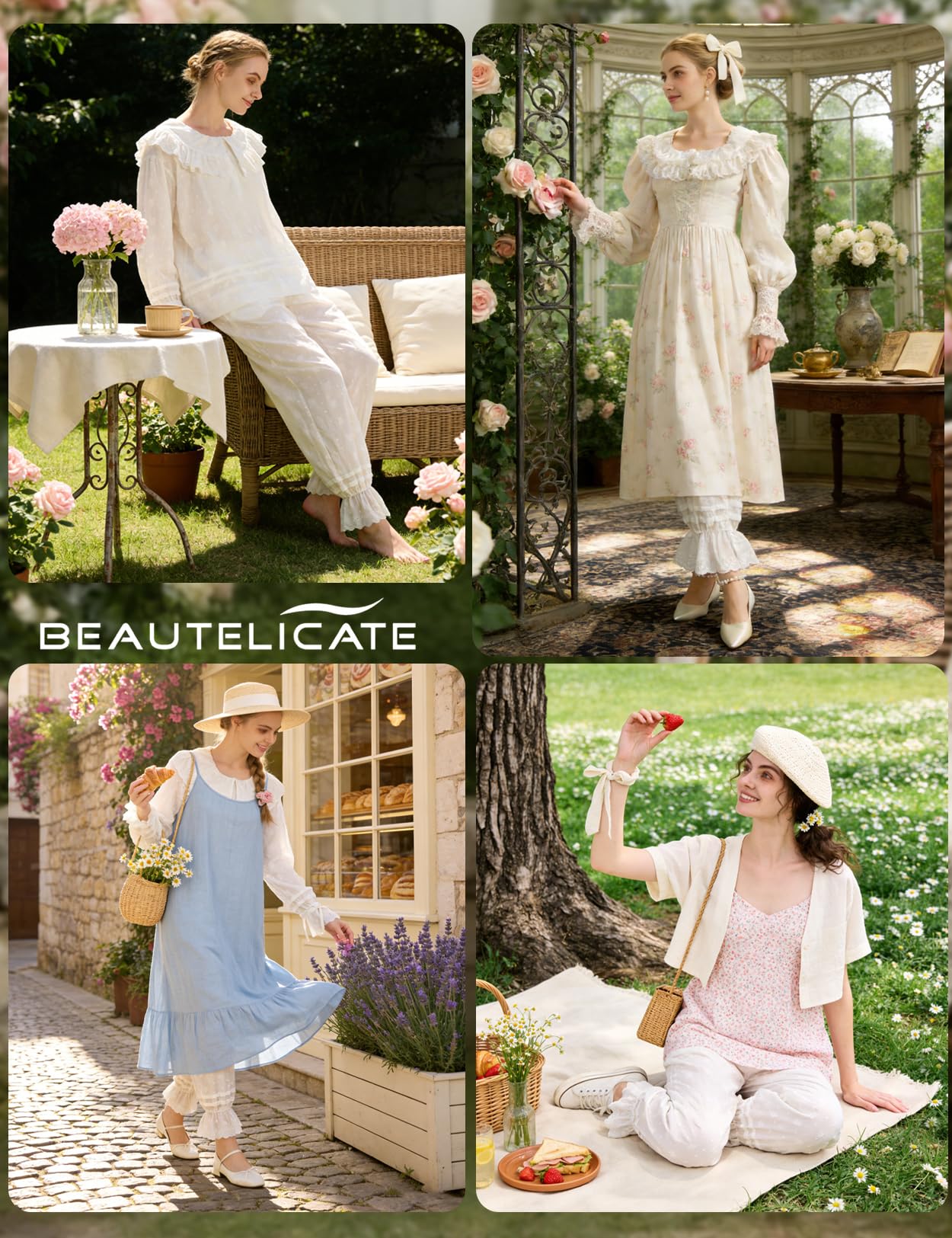 BEAUTELICATE Pantalones de Pijama para Mujer Estilo Vintage Victoriano Pantalones Largos de Algodón con Volantes Cómodos Blanco
