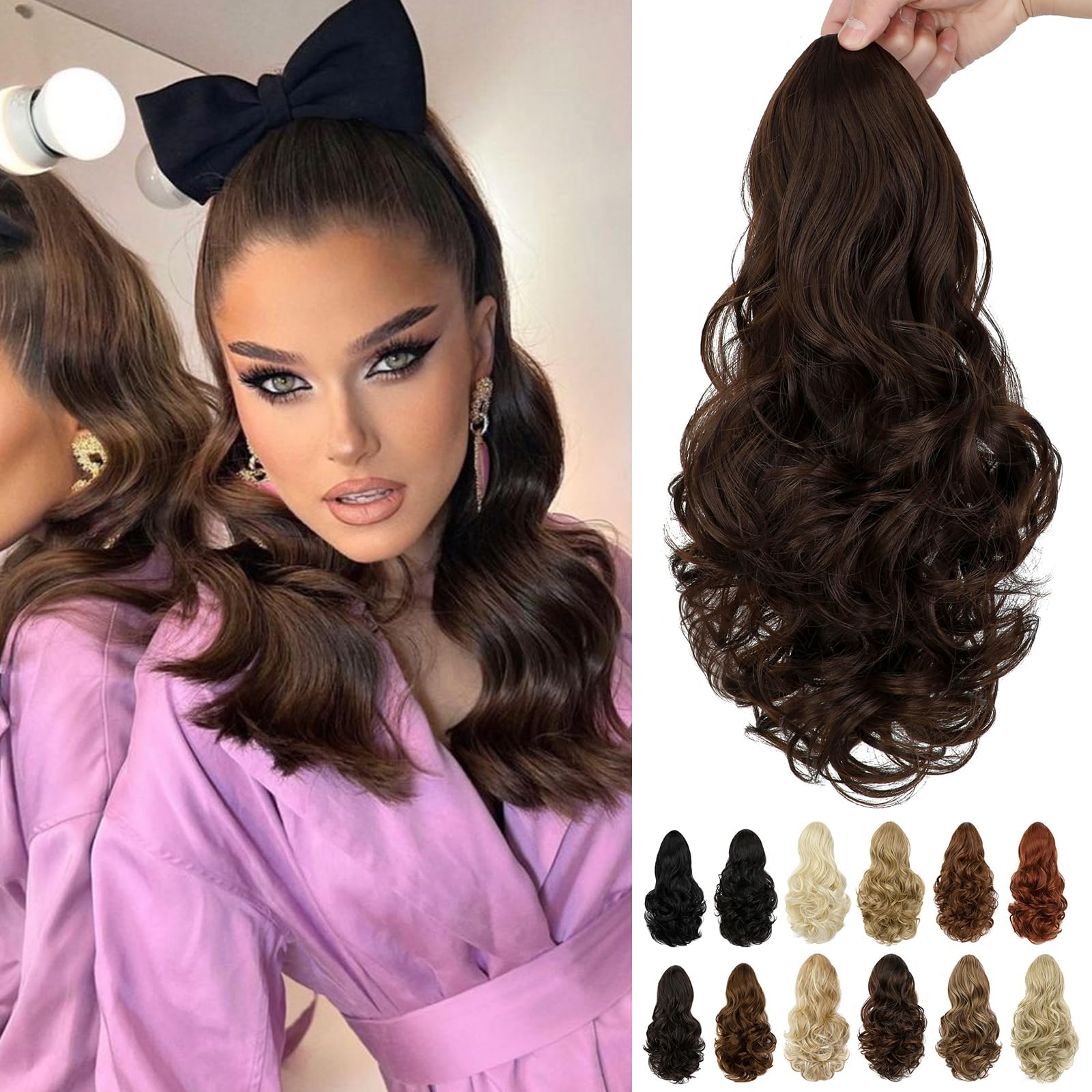 Ponytail Extension, 15 Inch Drawstring Ponytail, Medium Brown Wavy Clip in Pony Tails Hair Extensions Natural Looking Synthetic Hairpiece for Women Daily Use party
