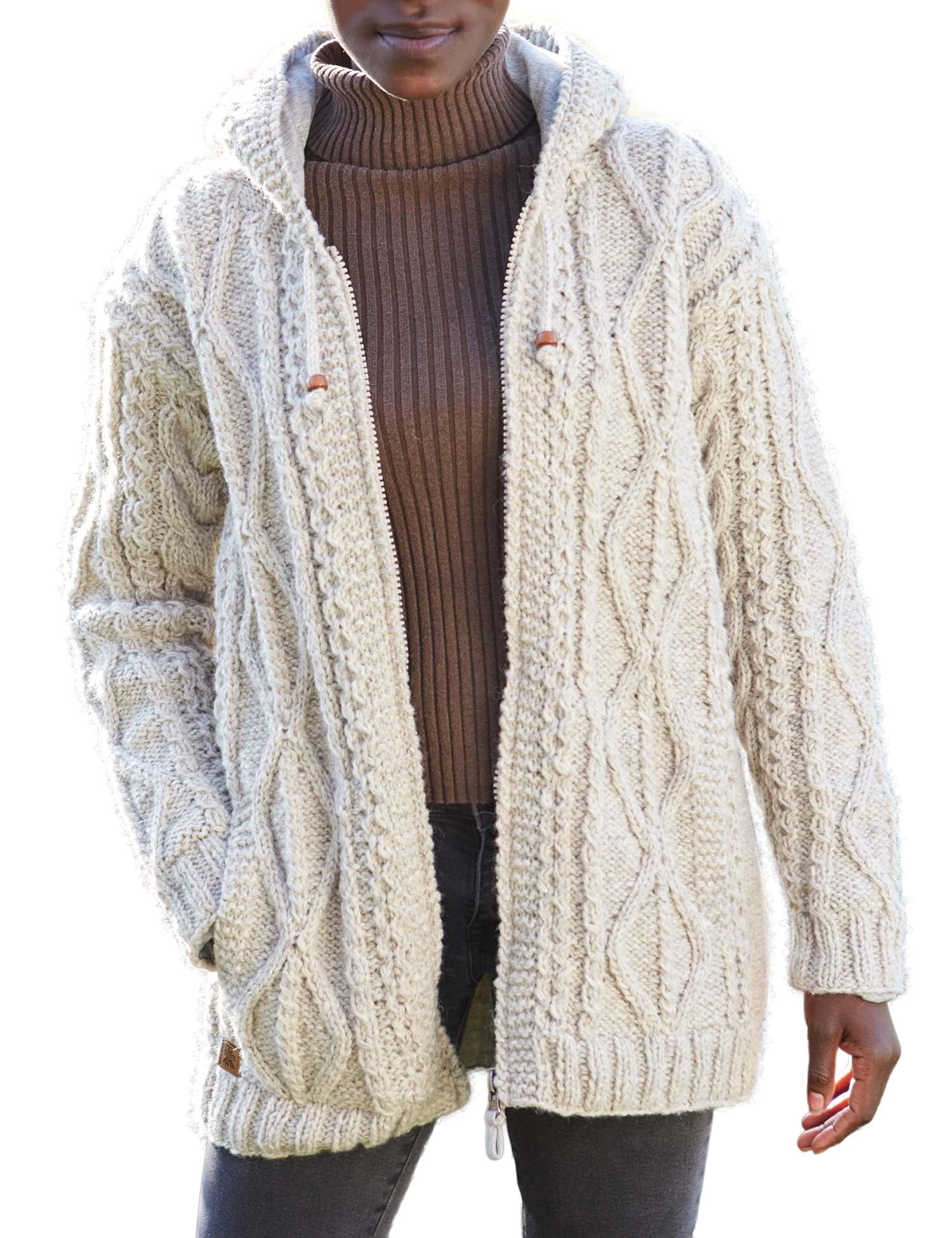 Pachamama Sudadera con capucha de lana con cremallera para mujer, forro polar, patrón de cable tejido a mano, liso, hecho a mano, grueso, térmico, bolsillos extra cálidos, chaqueta con capucha de