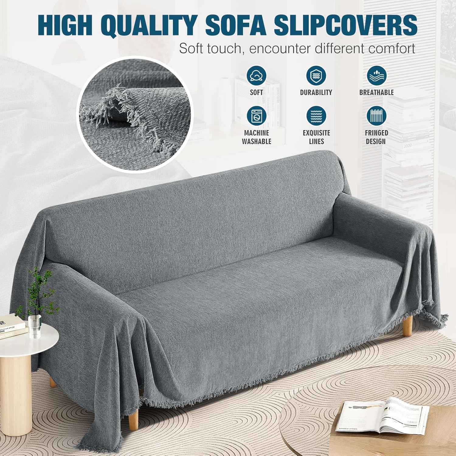 KinCam Couch Covers for 3 Cushion Couch Sofa Cover Washable Sectional Couch Cover for Dogs Tassel Sofa Blanket Cover Pet Friendly Soft and Durable for Most Furniture(91" x 134", Grey)